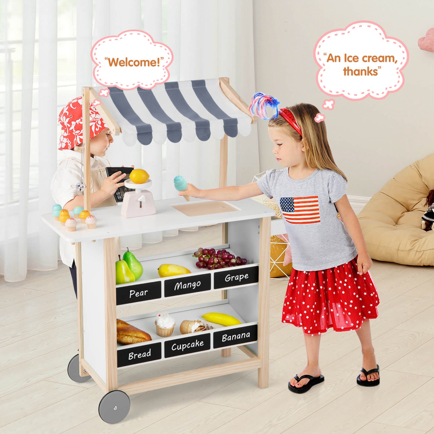 Costway Kids Ice Cream Cart Wooden Toddler Farmers Market Stand with Chalkboard & Storage