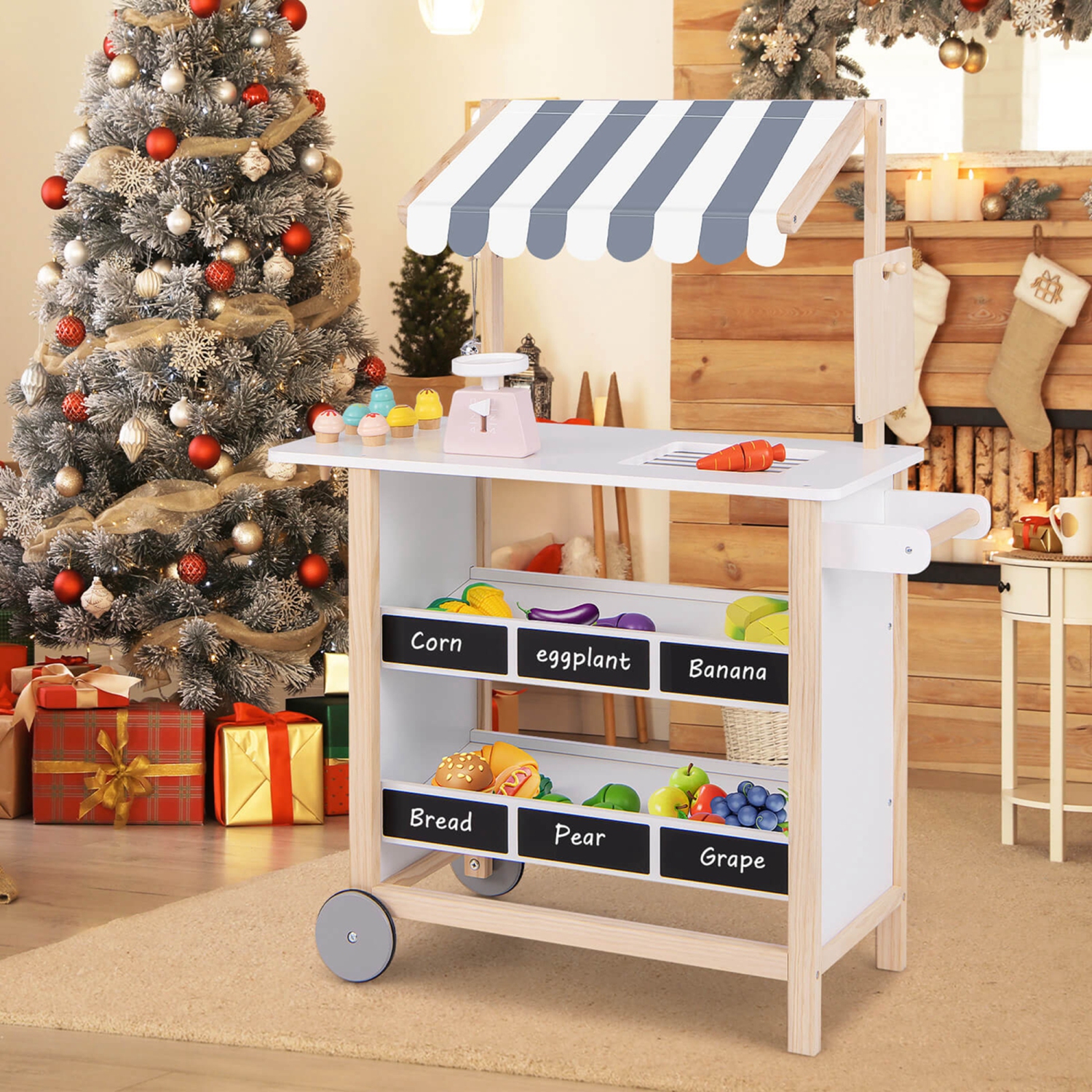 Costway Kids Ice Cream Cart Wooden Toddler Farmers Market Stand with Chalkboard & Storage
