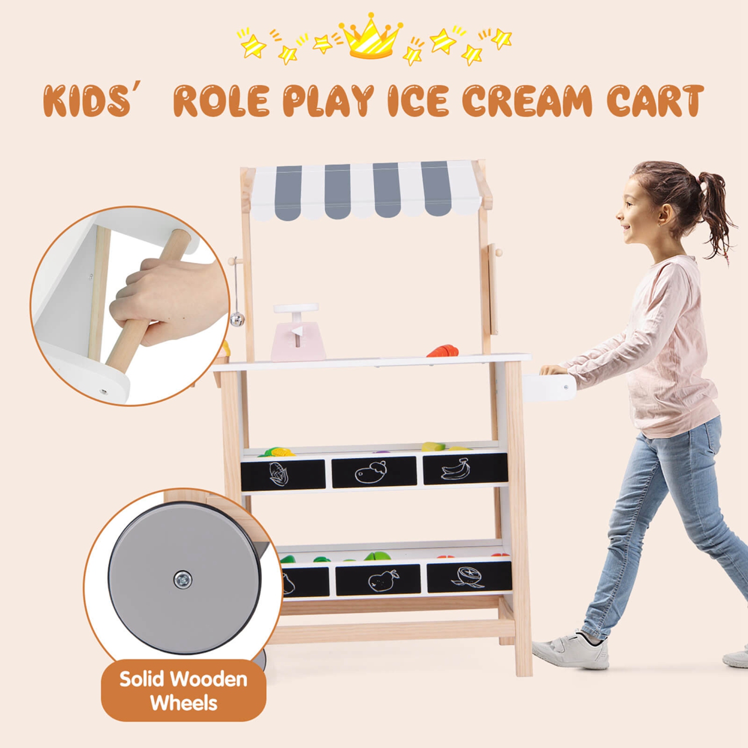 Costway Kids Ice Cream Cart Wooden Toddler Farmers Market Stand with Chalkboard & Storage