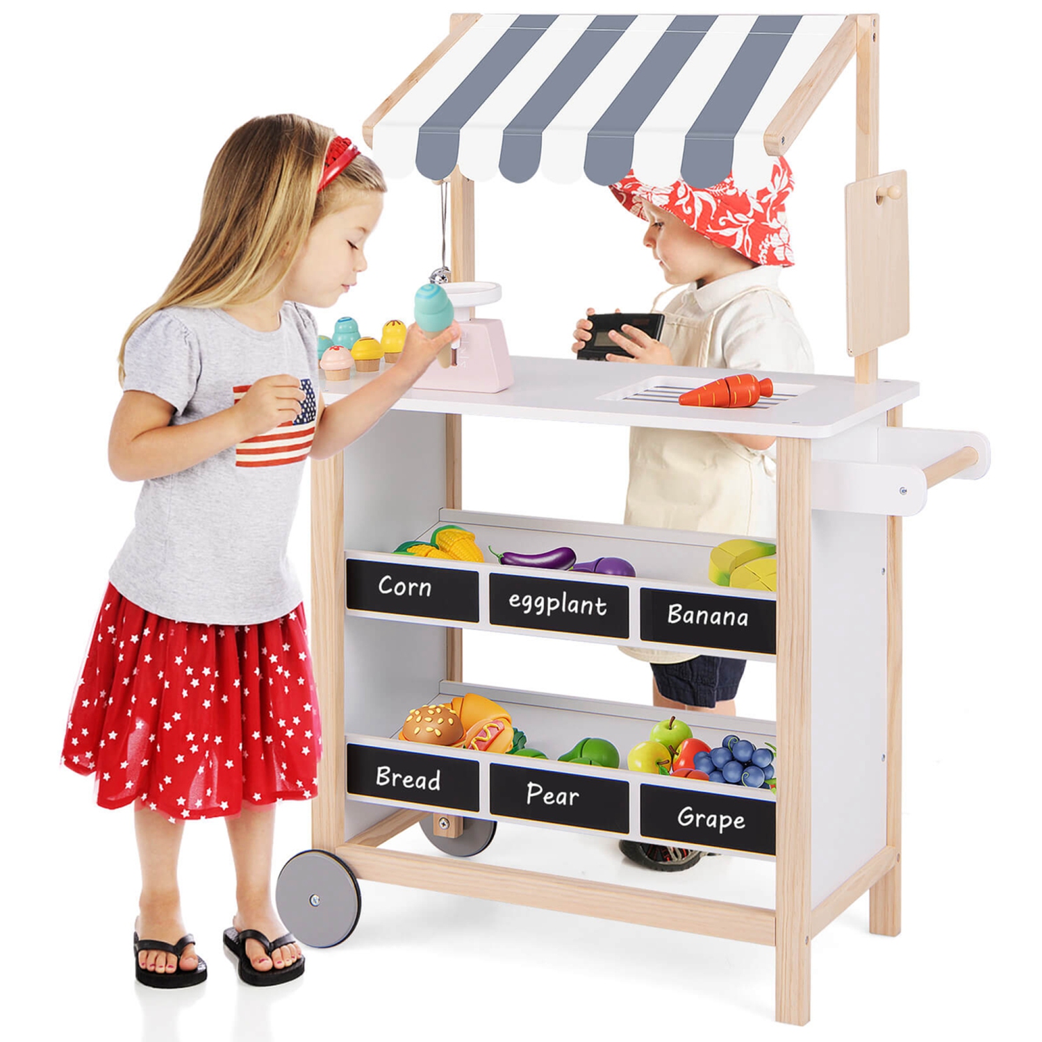 Costway Kids Ice Cream Cart Wooden Toddler Farmers Market Stand with Chalkboard & Storage