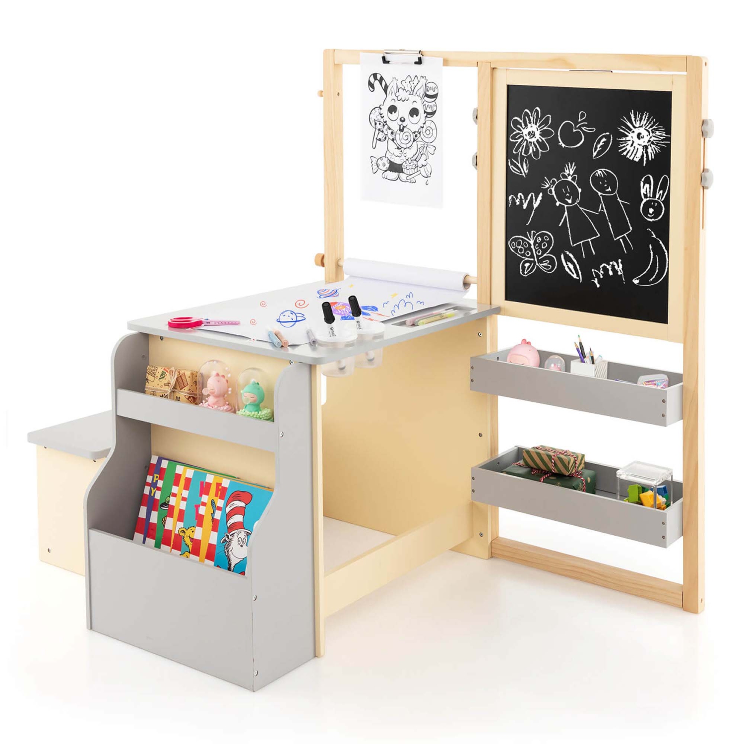 Ensemble avec banc de rangement recto verso ajustable en bois pour enfants Art Center de Costway