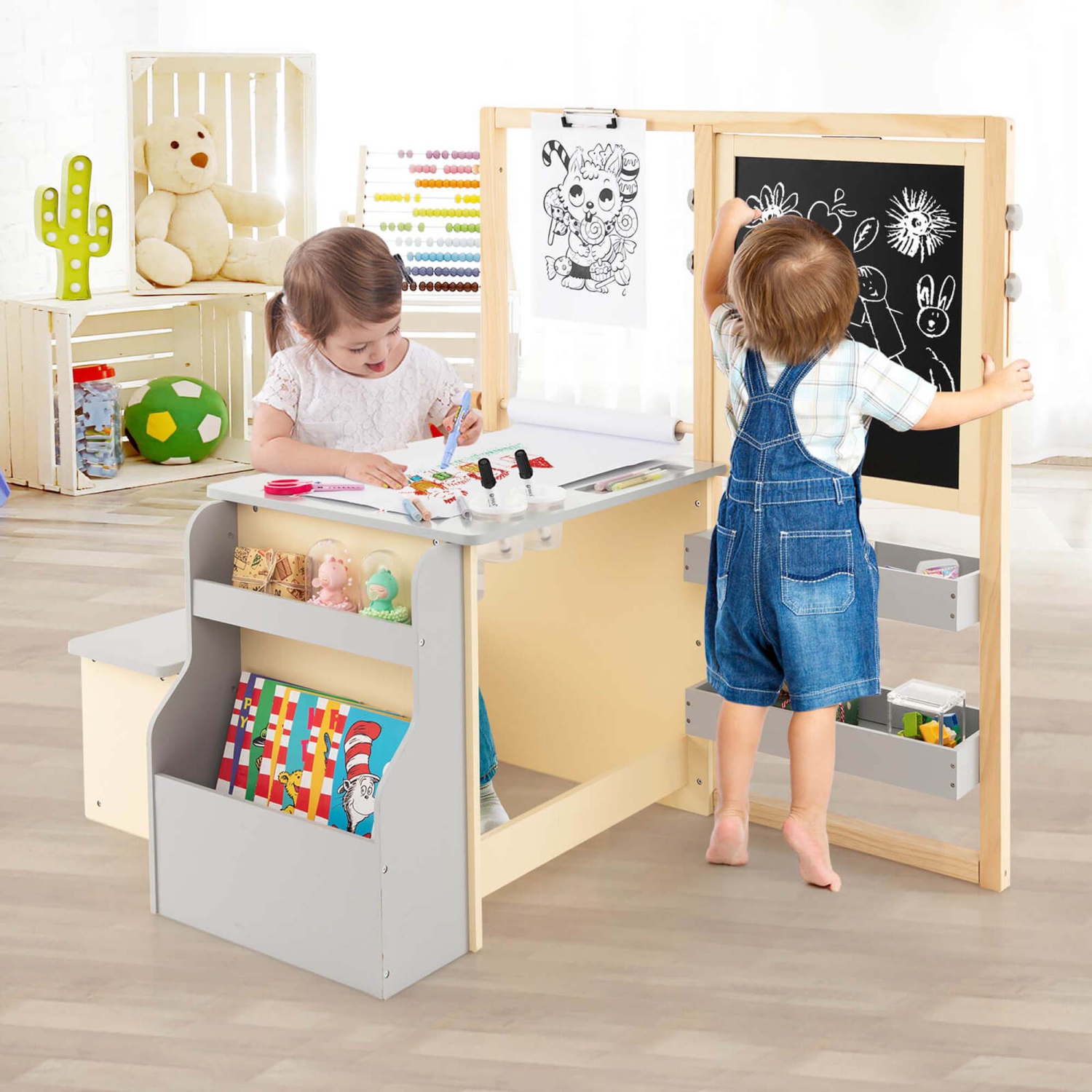 Ensemble avec banc de rangement recto verso ajustable en bois pour enfants Art Center de Costway