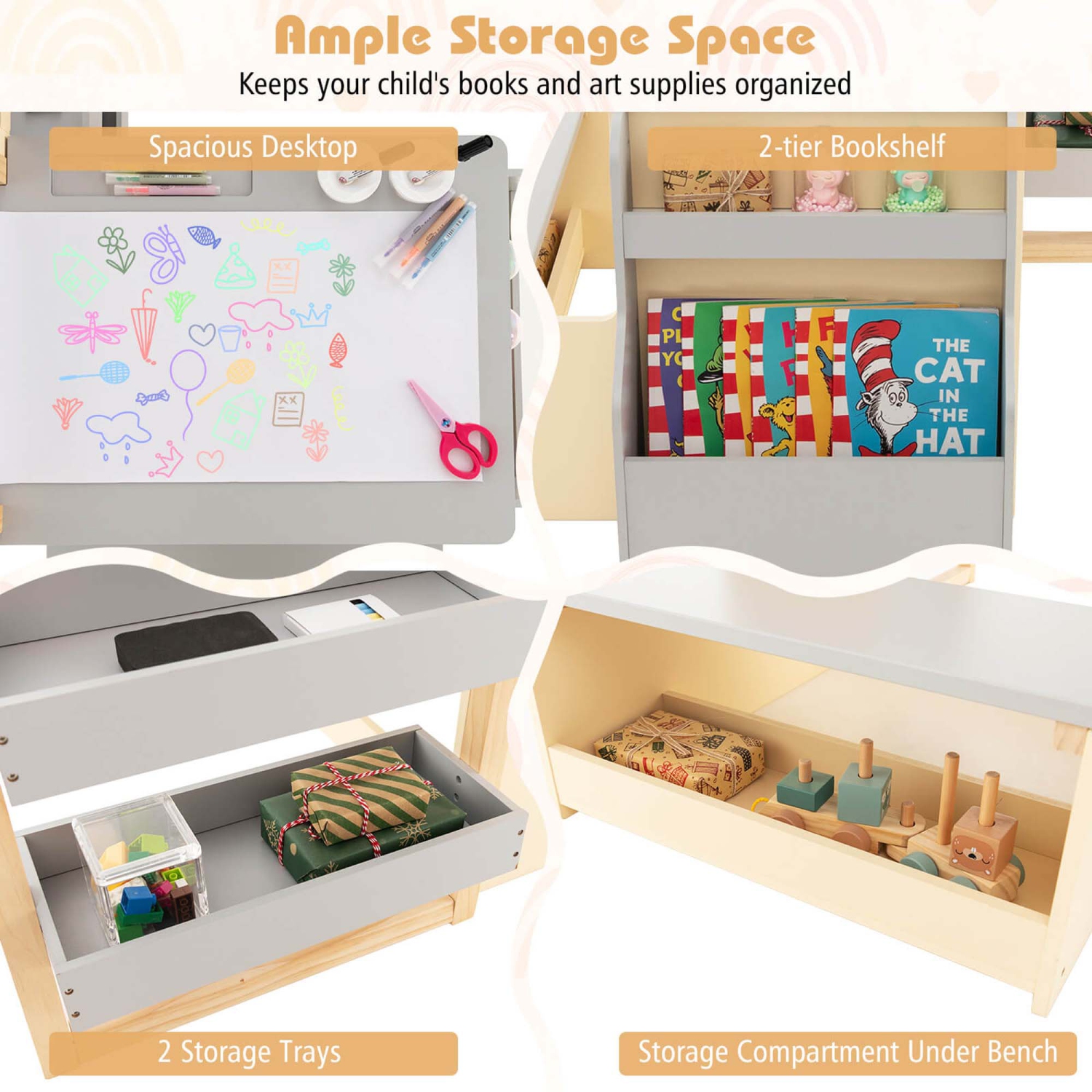 Ensemble avec banc de rangement recto verso ajustable en bois pour enfants Art Center de Costway
