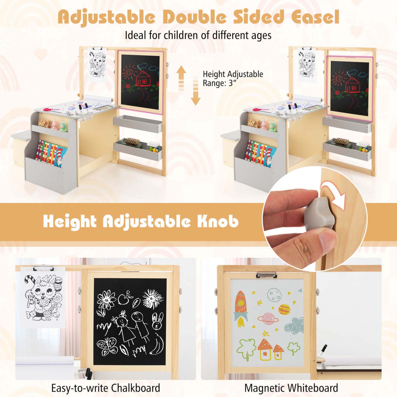 Ensemble avec banc de rangement recto verso ajustable en bois pour enfants Art Center de Costway