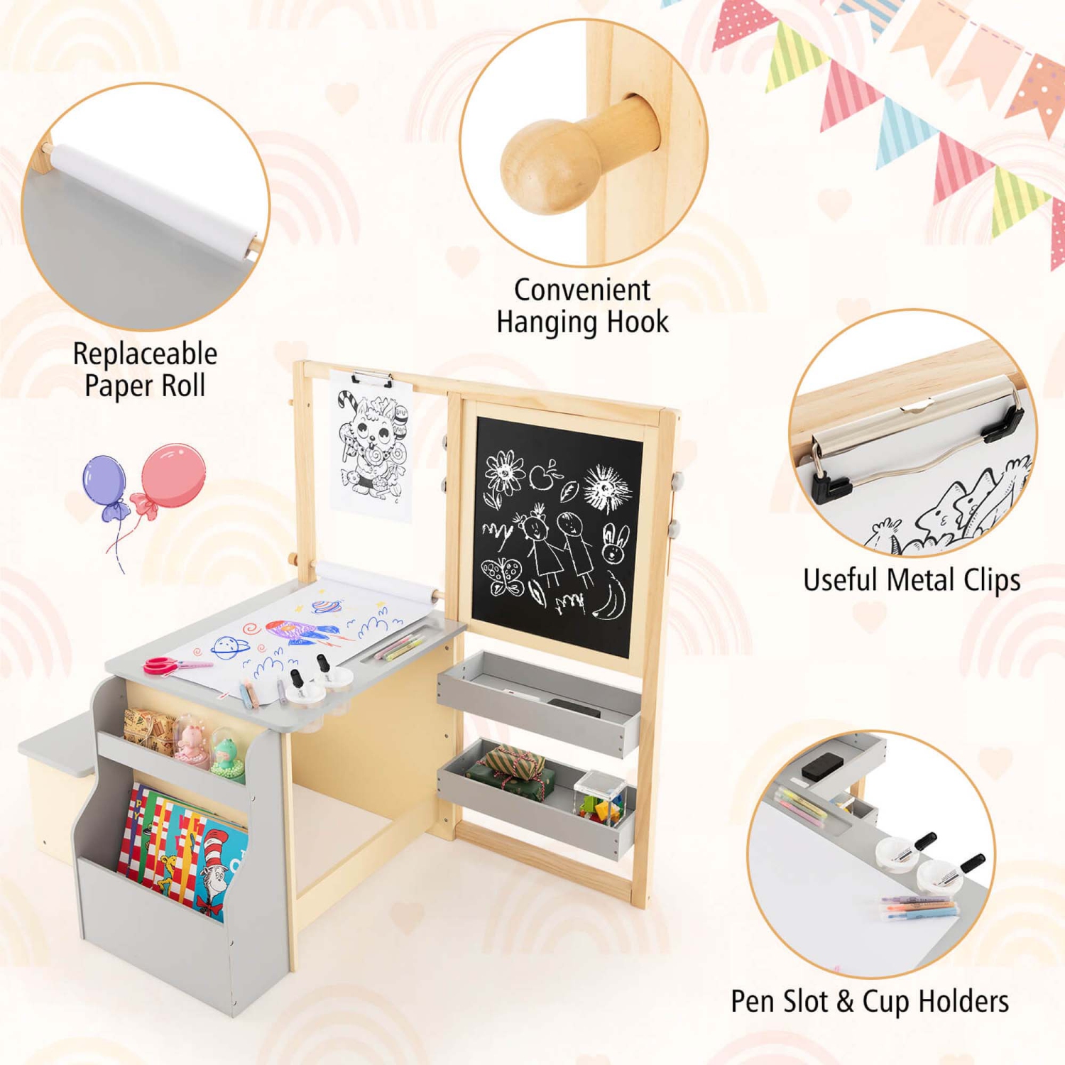 Ensemble avec banc de rangement recto verso ajustable en bois pour enfants Art Center de Costway