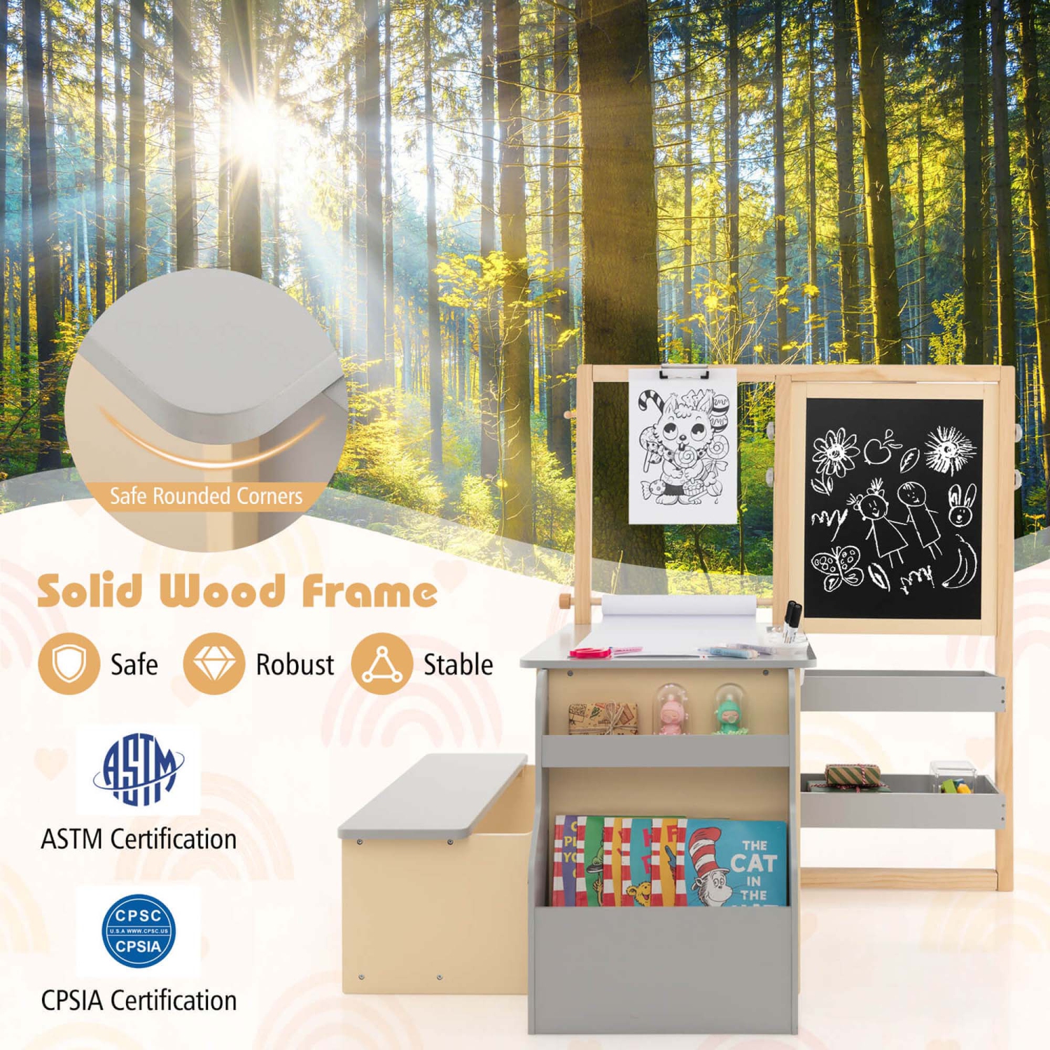 Ensemble avec banc de rangement recto verso ajustable en bois pour enfants Art Center de Costway