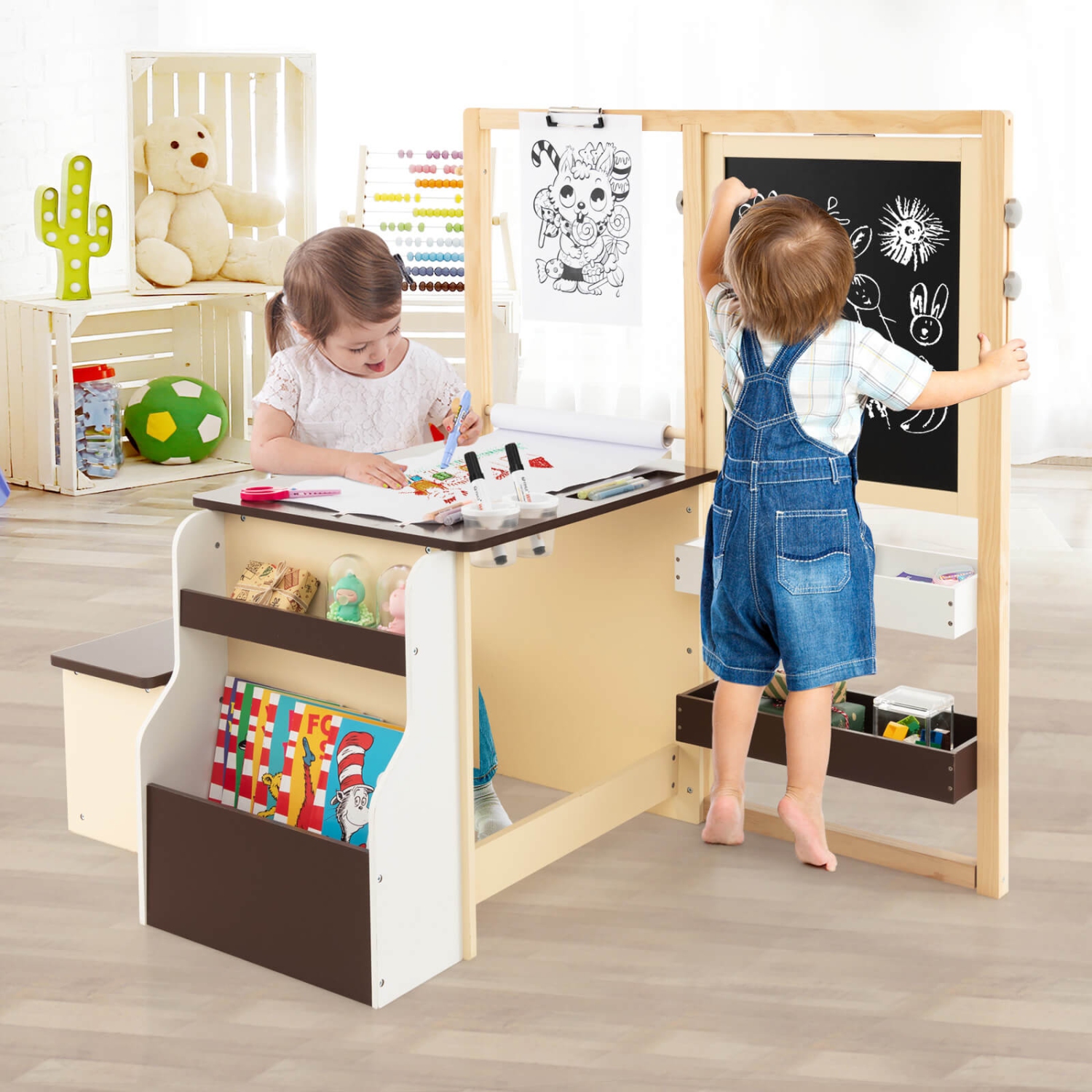 Costway Kids Art Center Wooden Table Bench Set Adjustable Double-Sided Easel Storage