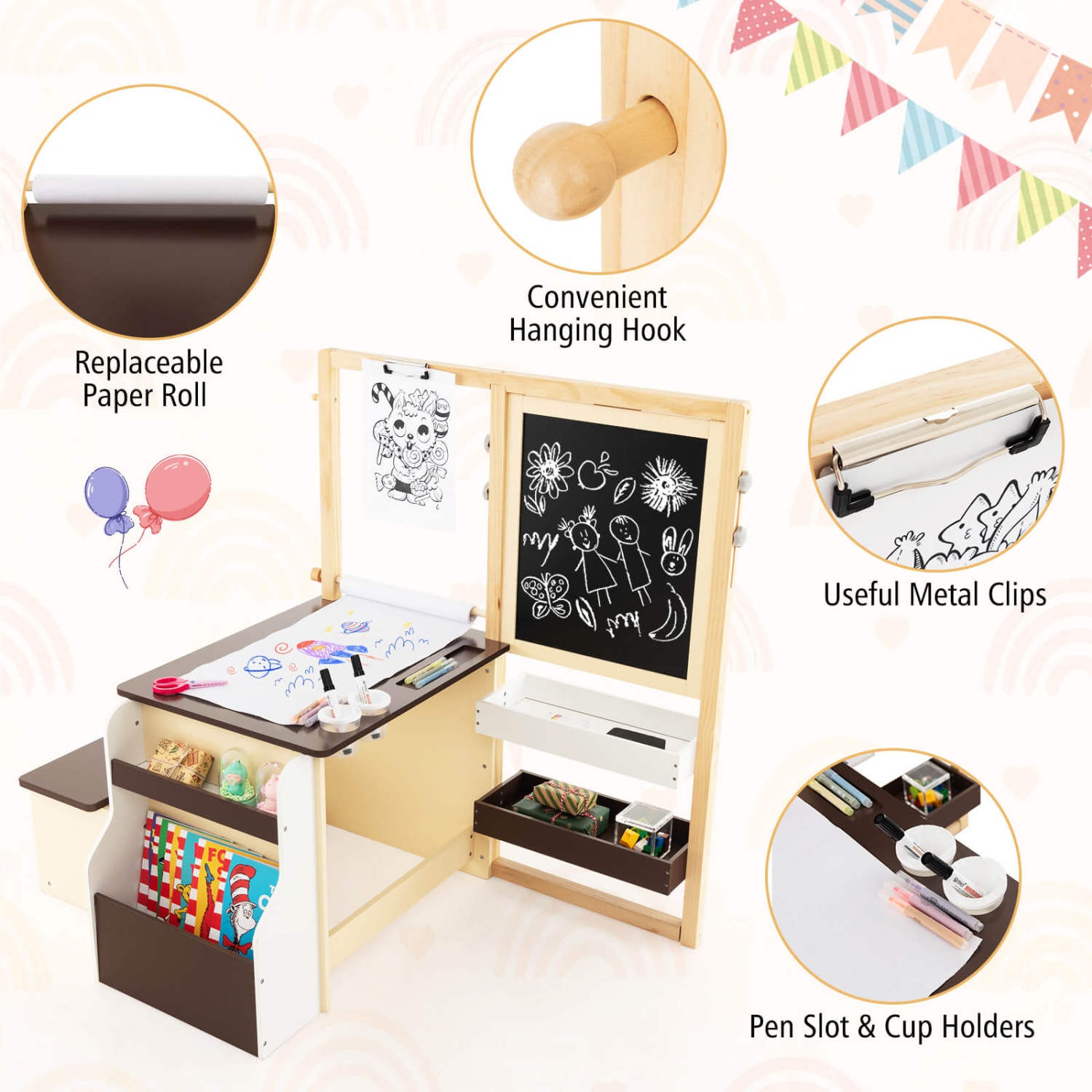 Costway Kids Art Center Wooden Table Bench Set Adjustable Double-Sided Easel Storage