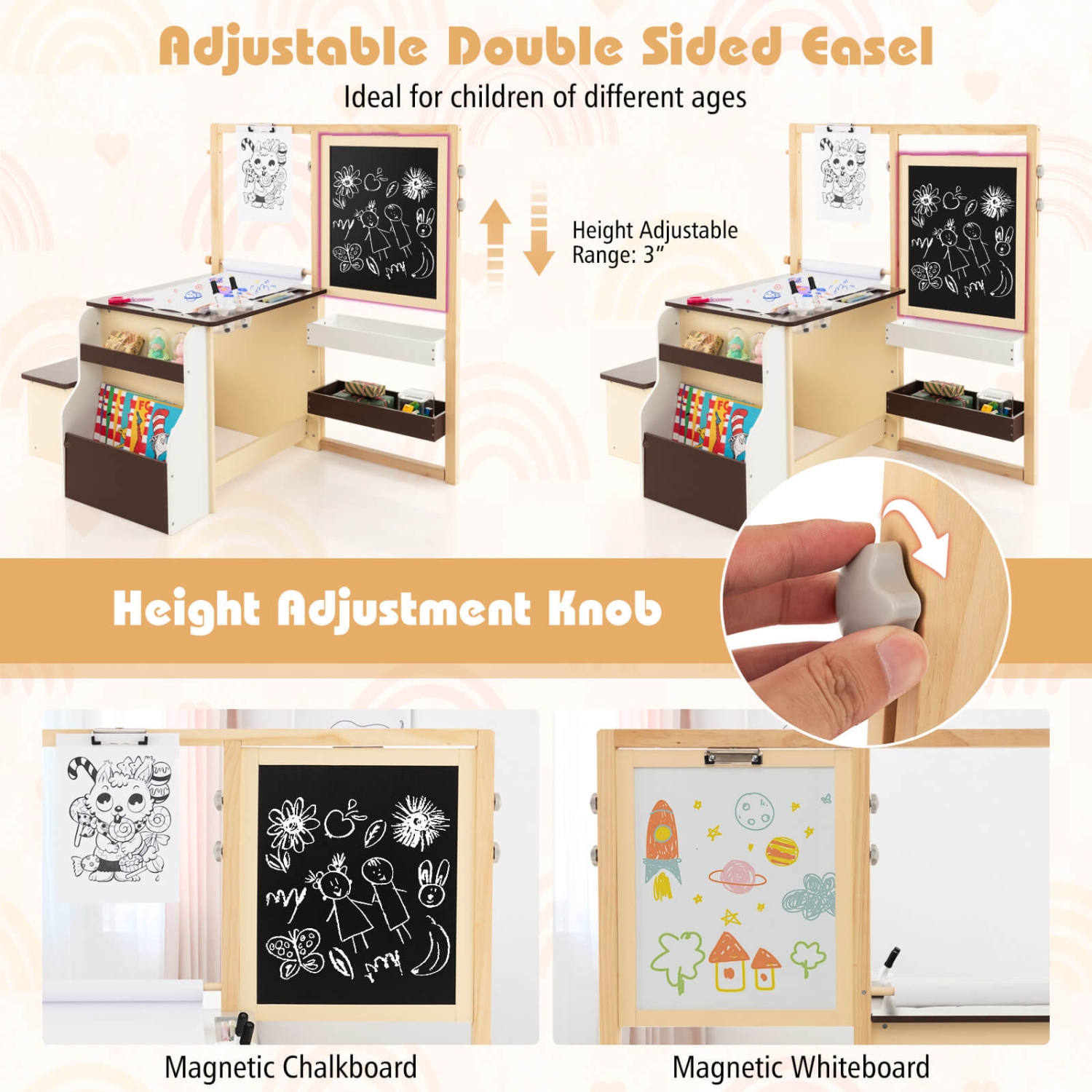 Costway Kids Art Center Wooden Table Bench Set Adjustable Double-Sided Easel Storage