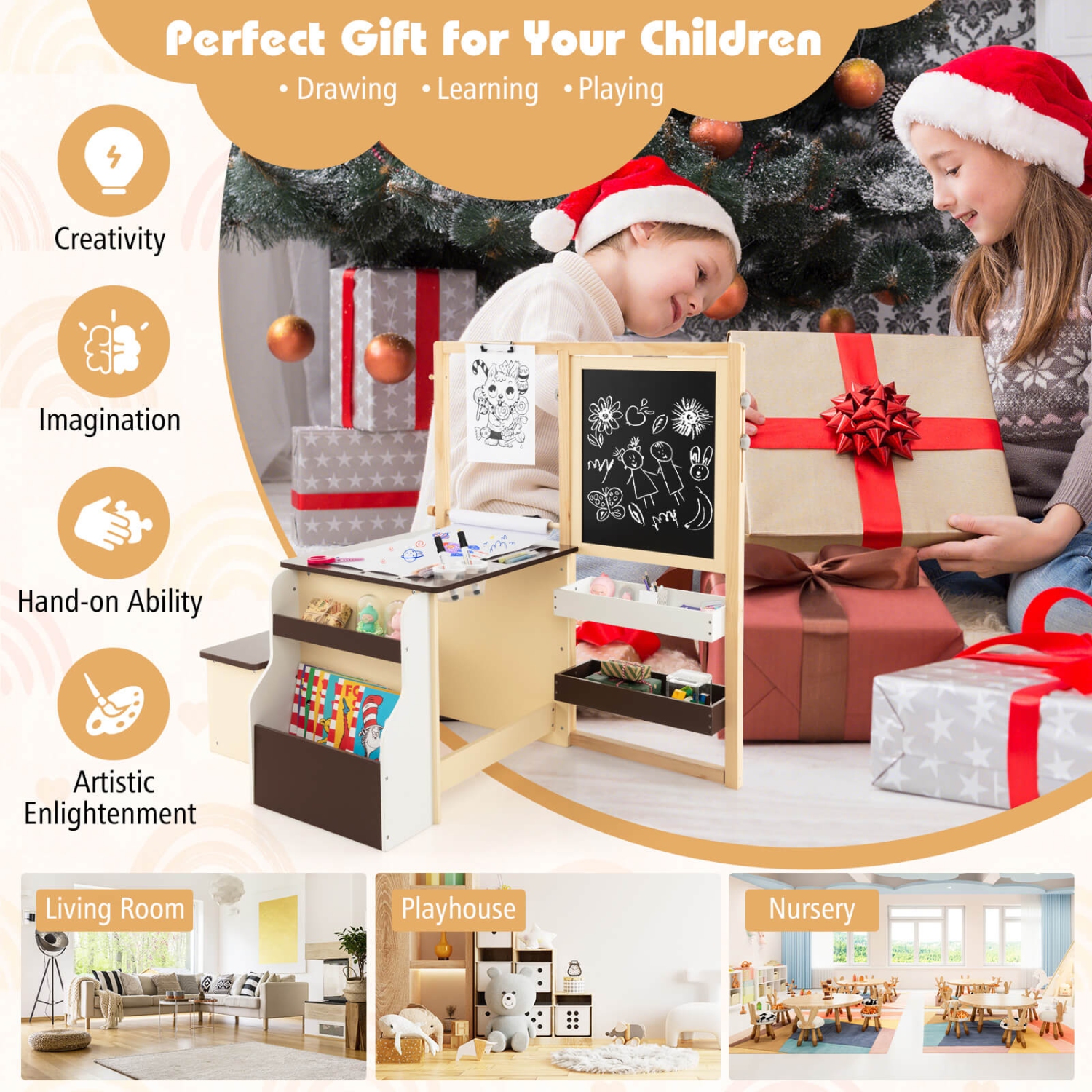 Costway Kids Art Center Wooden Table Bench Set Adjustable Double-Sided Easel Storage