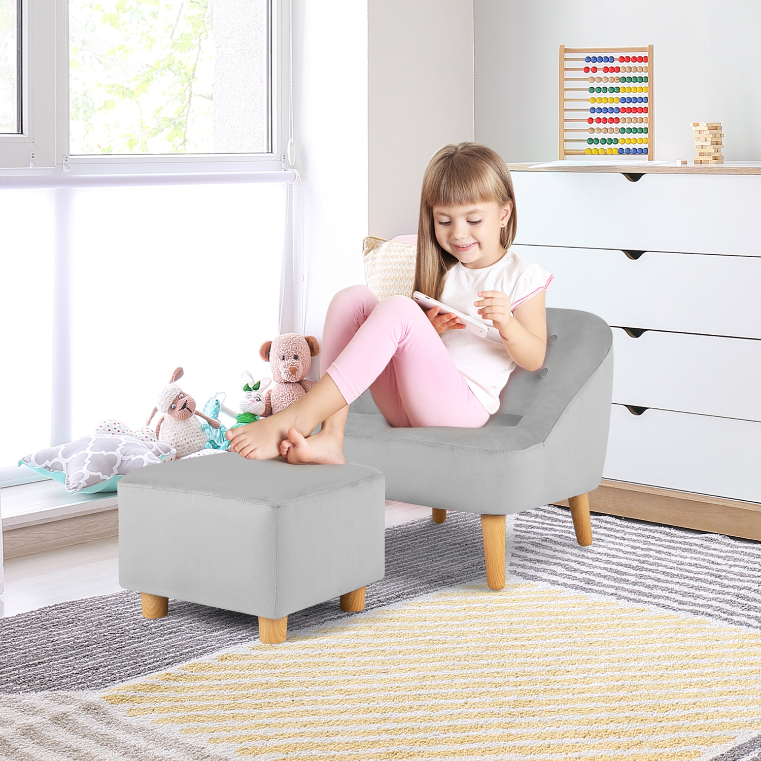 Fauteuil pour enfants avec pouf, canapé simple recouvert de velours de Costway