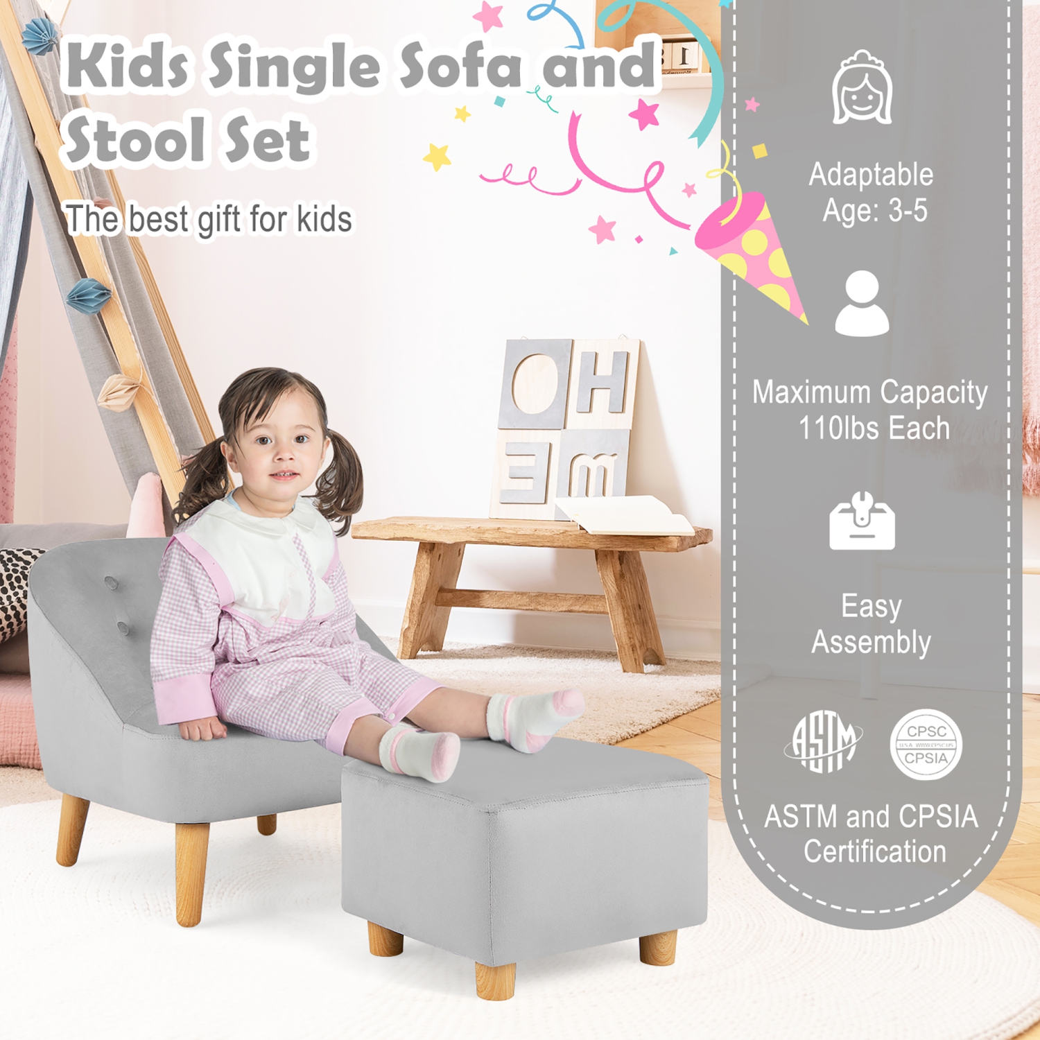 Fauteuil pour enfants avec pouf, canapé simple recouvert de velours de Costway