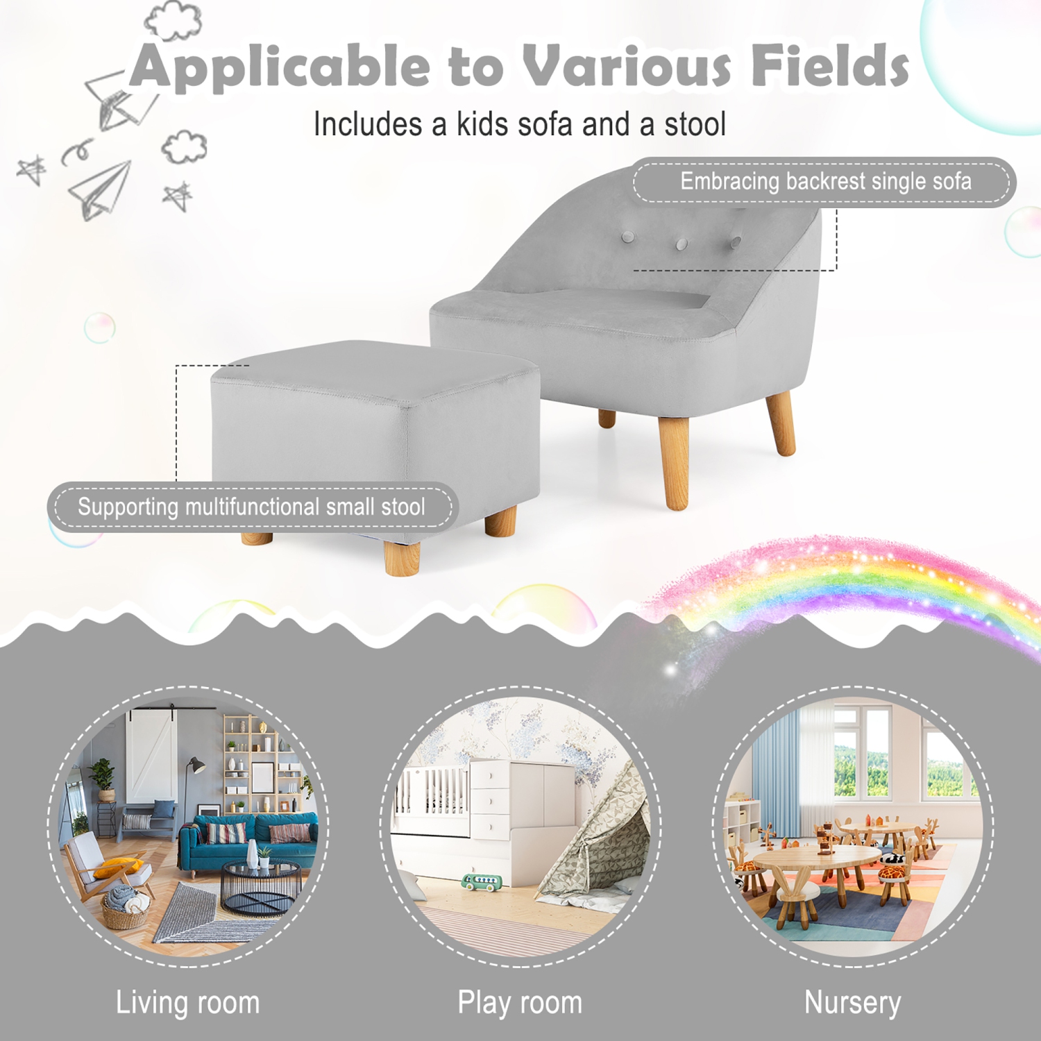 Fauteuil pour enfants avec pouf, canapé simple recouvert de velours de Costway