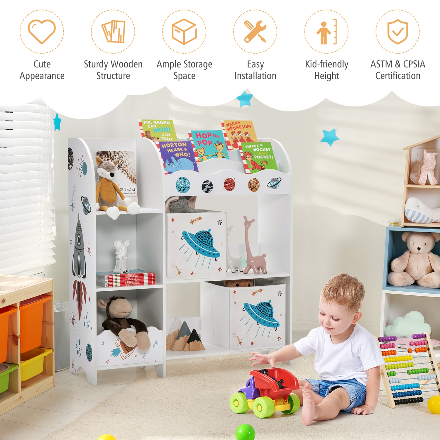 Meuble de rangement en bois pour jouets et livres pour enfants de Costway avec bacs de rangement