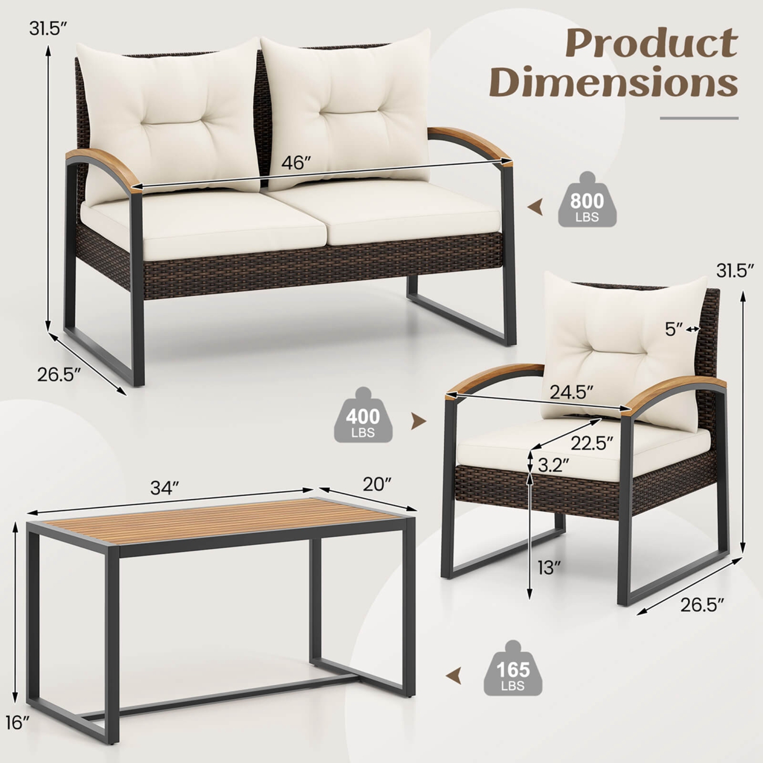 Costway 4 PCS Patio Conversation Set with Coffee Table Solid Acacia Wood Armrests Tabletop