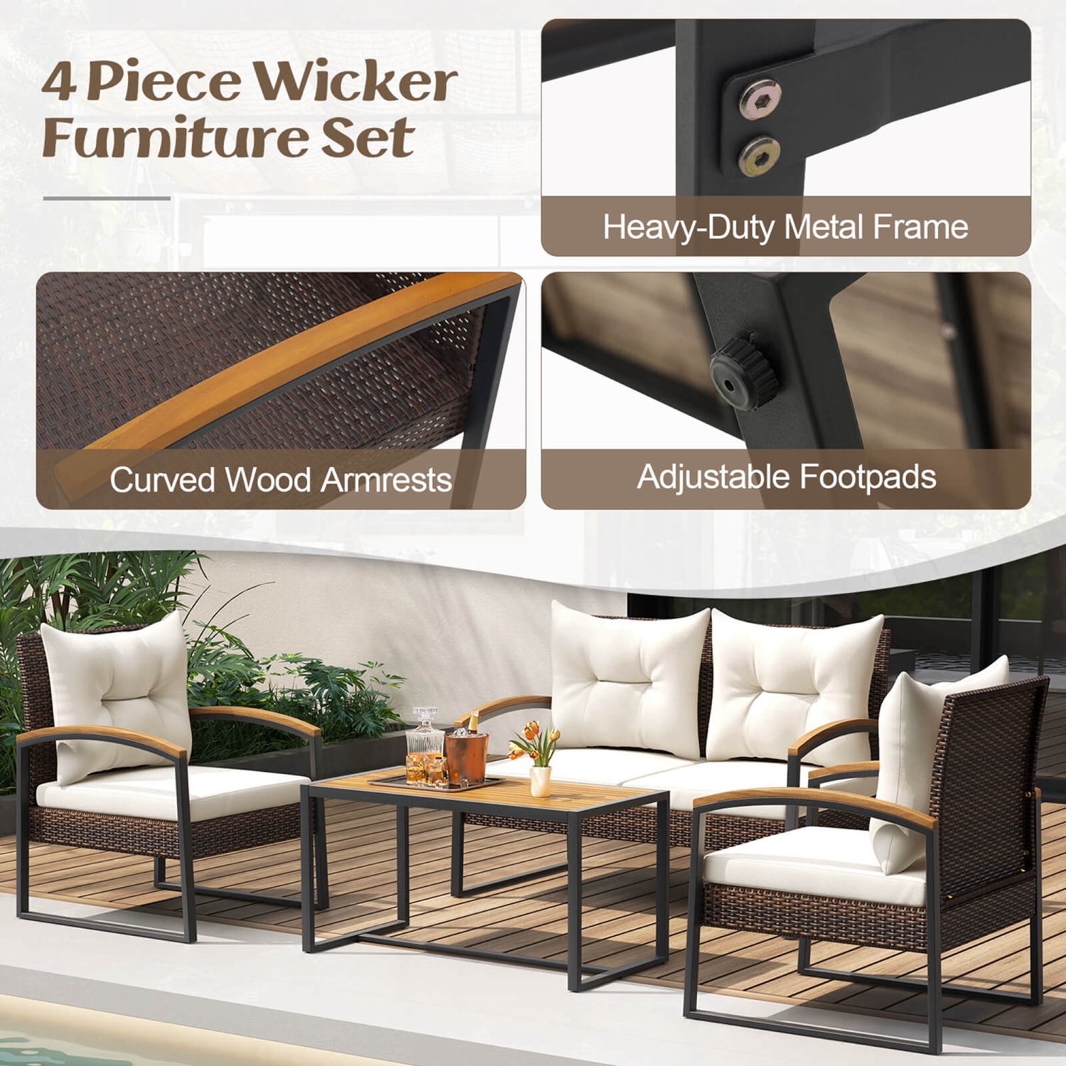 Costway 4 PCS Patio Conversation Set with Coffee Table Solid Acacia Wood Armrests Tabletop
