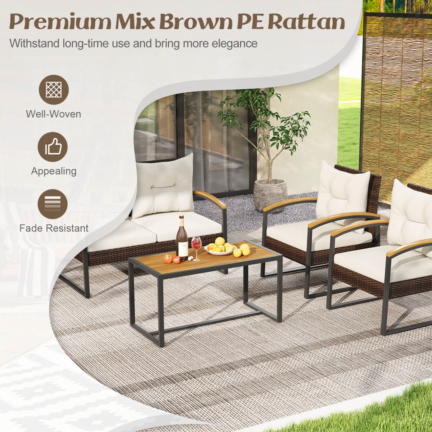 Costway 4 PCS Patio Conversation Set with Coffee Table Solid Acacia Wood Armrests Tabletop