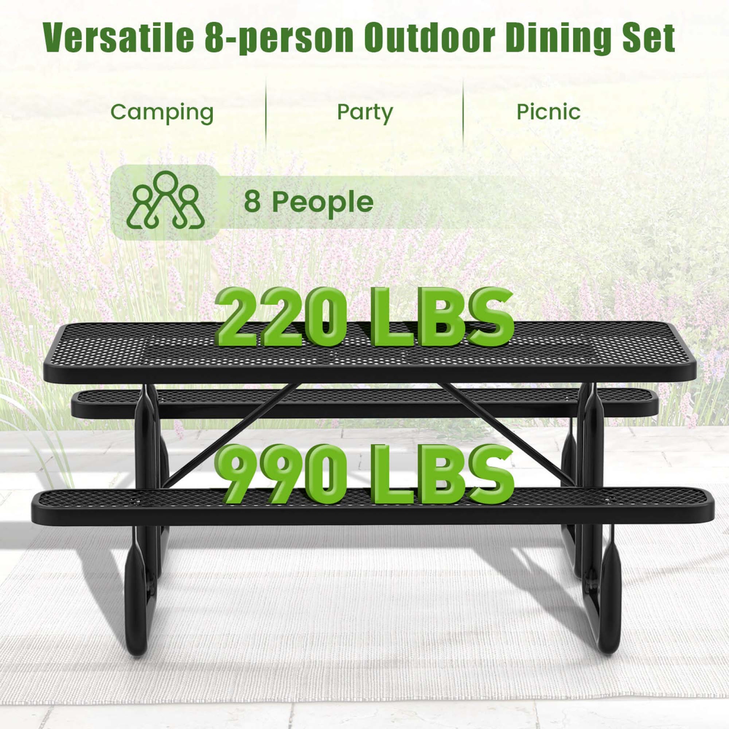Costway 72" Coated Steel Camping Table with Seats Outdoor Picnic Table & Bench Set for 8