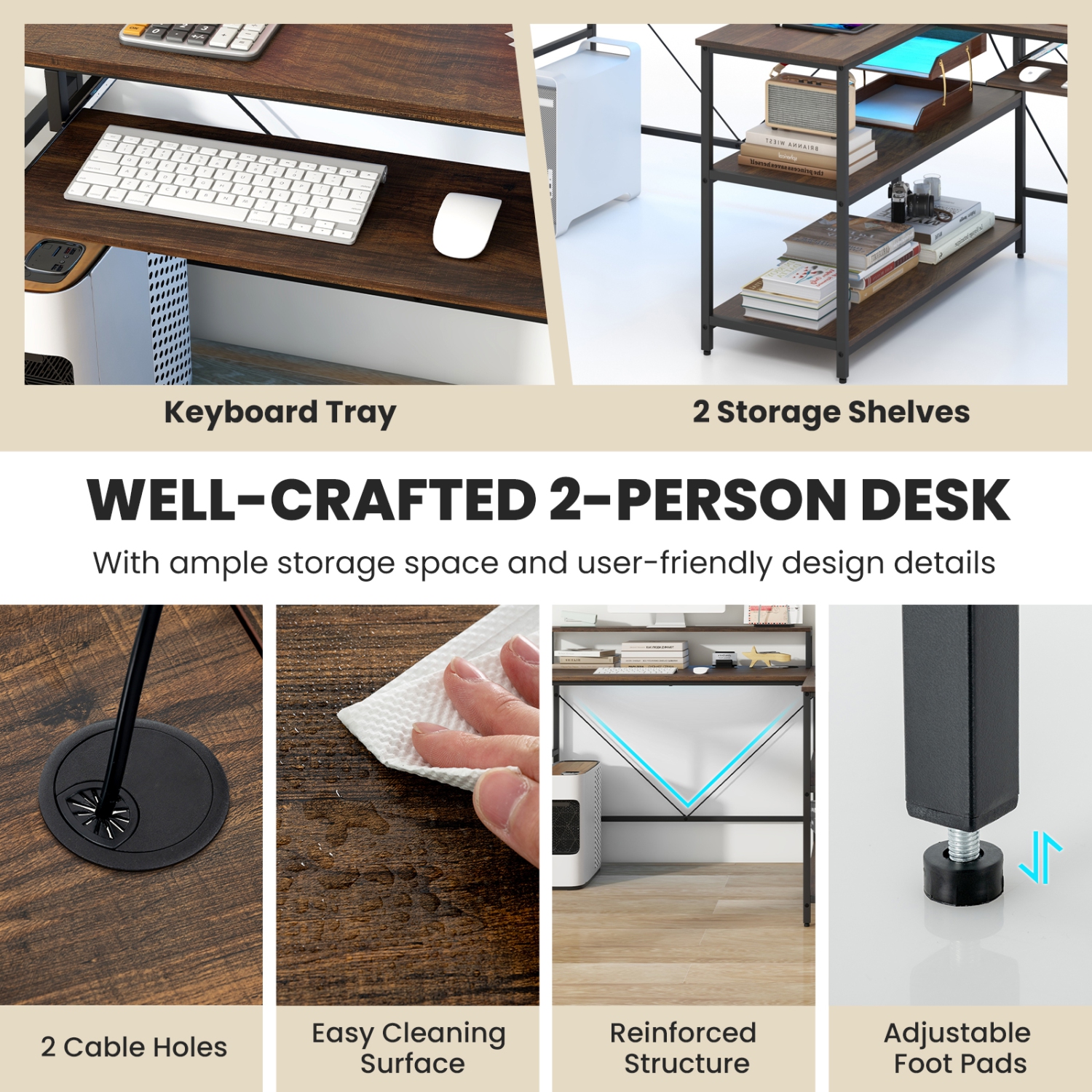 Costway 94.5" Long Office Desk 2-Person Reversible Computer Desk with LED Lights