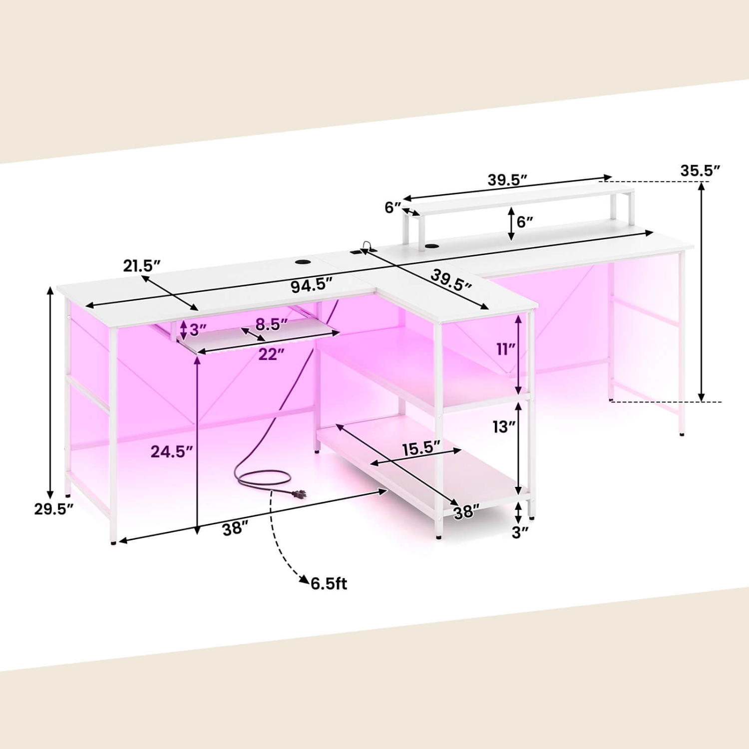 Costway 94.5" Long Office Desk 2-Person Reversible Computer Desk with LED Lights