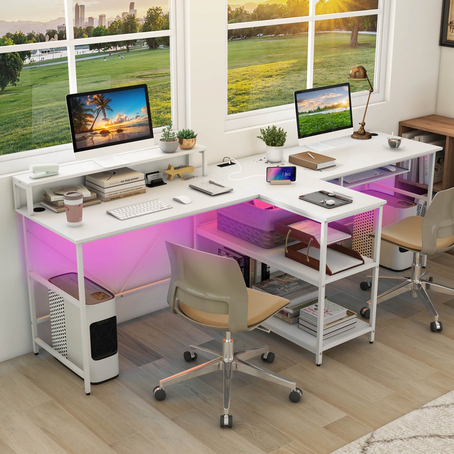 Costway 94.5" Long Office Desk 2-Person Reversible Computer Desk with LED Lights