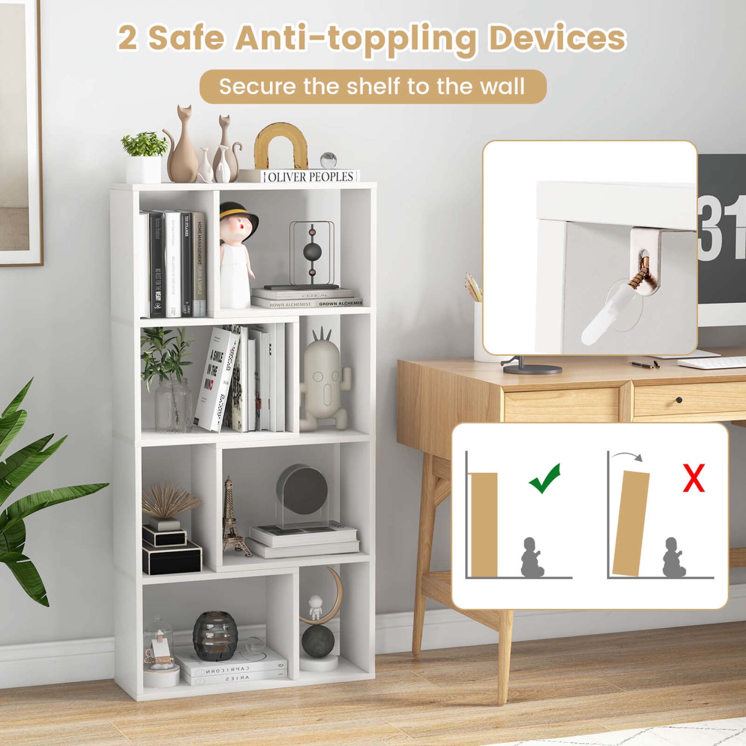 Bibliothèque à arrière ouvert géométrique de 48 po de Costway avec 8 cubes 2 dispositifs anti-basculement