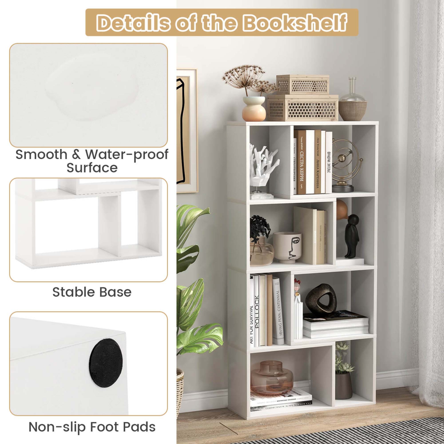 Bibliothèque à arrière ouvert géométrique de 48 po de Costway avec 8 cubes 2 dispositifs anti-basculement