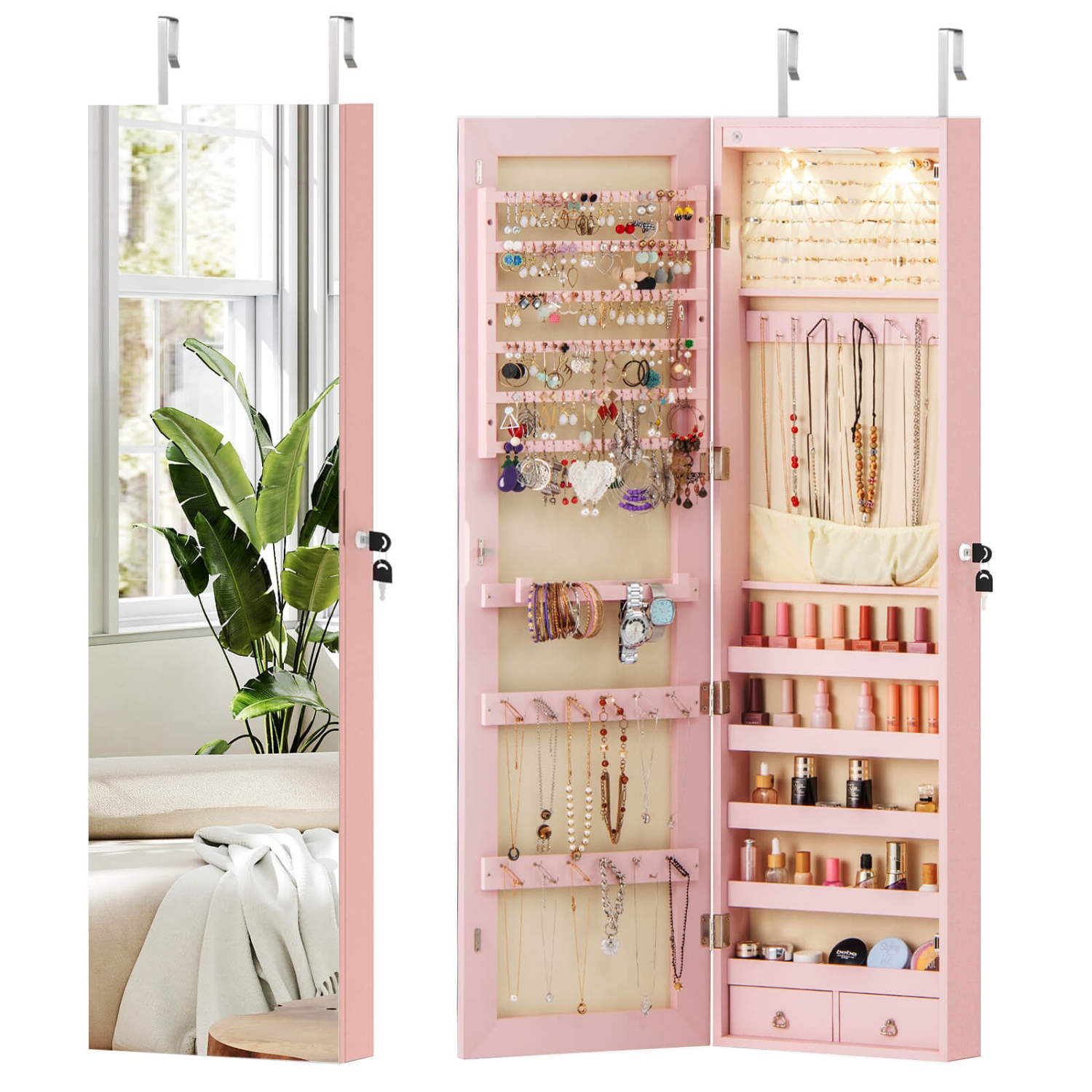 Organisateur d'armoire à bijoux mural/porte avec miroir, lumières et tiroir de Costway