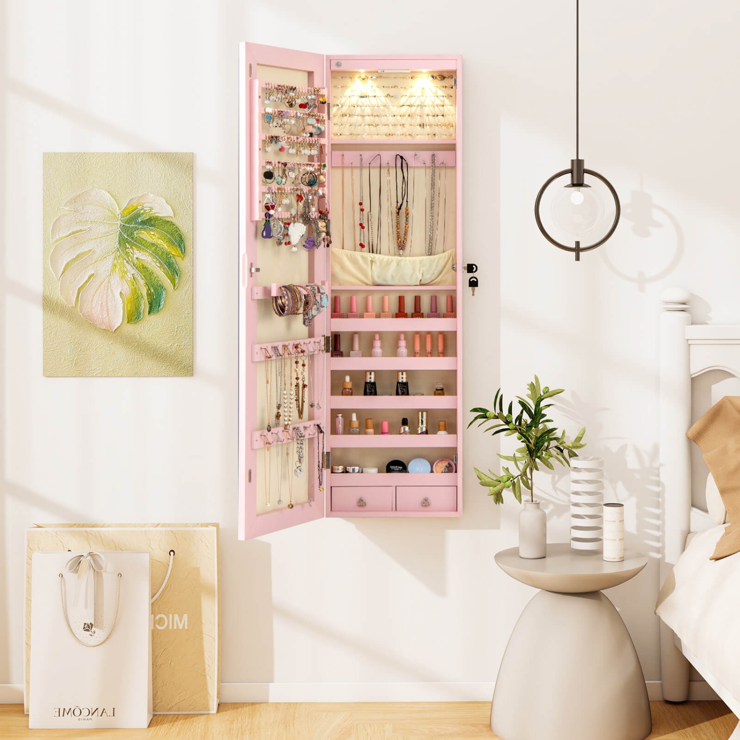 Organisateur d'armoire à bijoux mural/porte avec miroir, lumières et tiroir de Costway