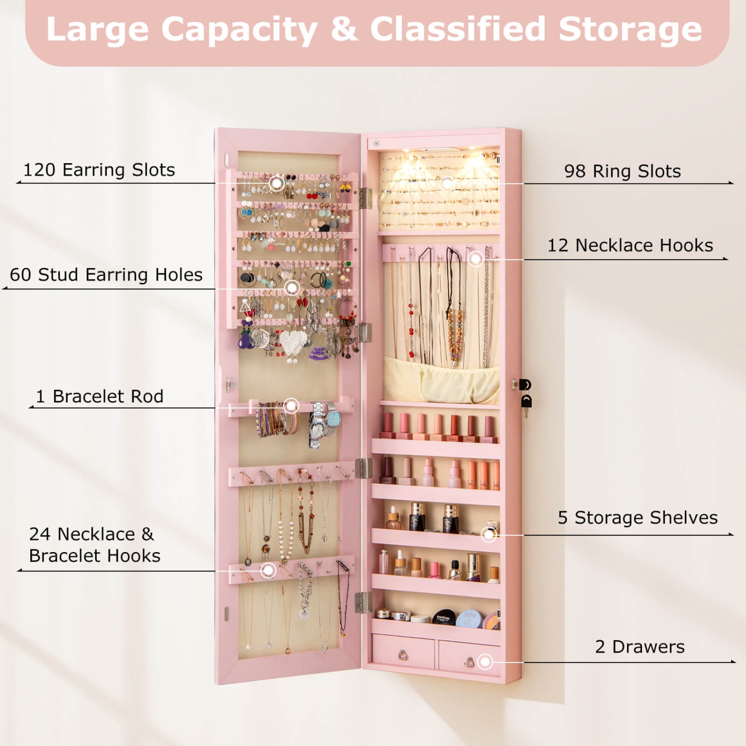 Organisateur d'armoire à bijoux mural/porte avec miroir, lumières et tiroir de Costway