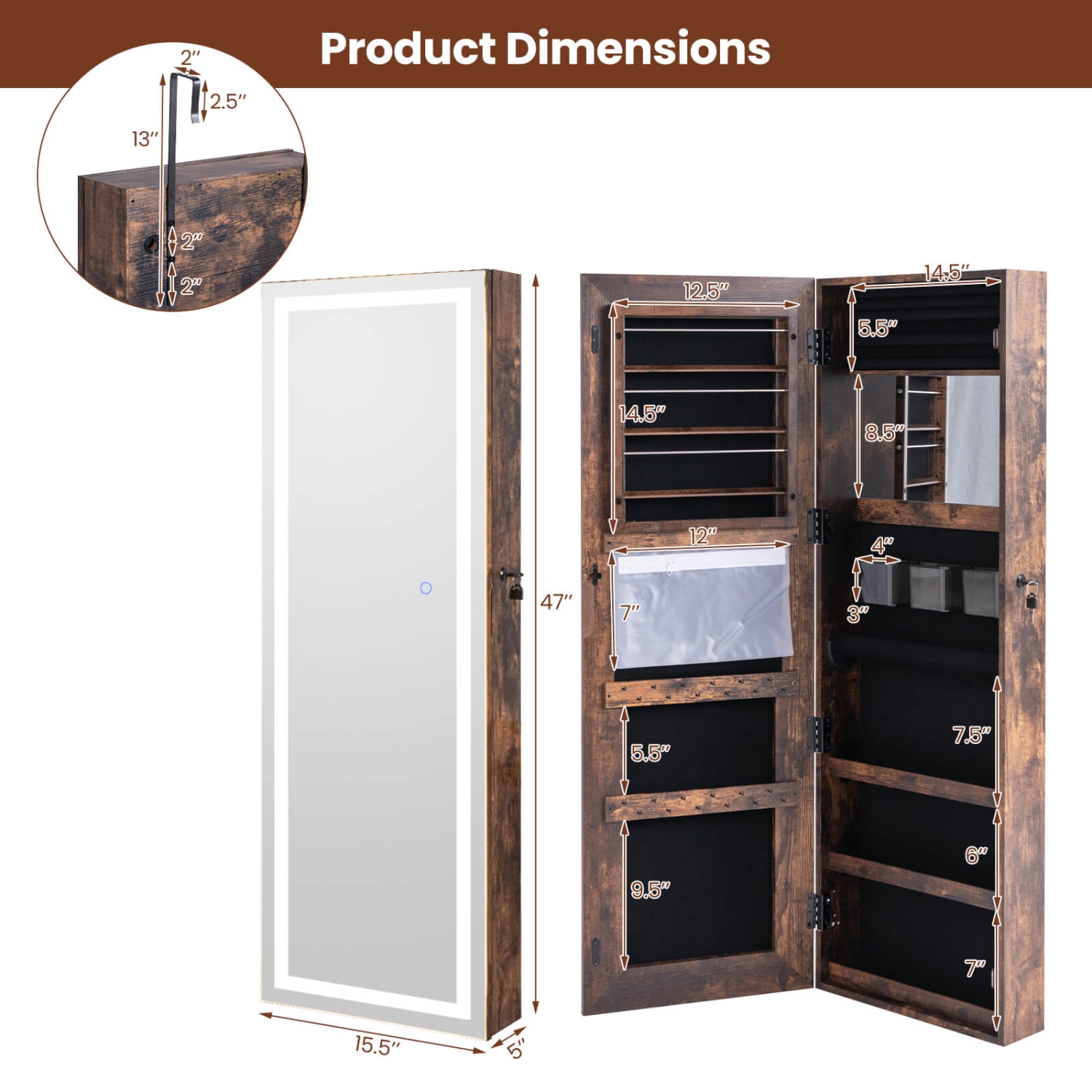 Meuble de rangement pour armoires à bijoux en miroir à écran tactile DEL de Costway pour porte