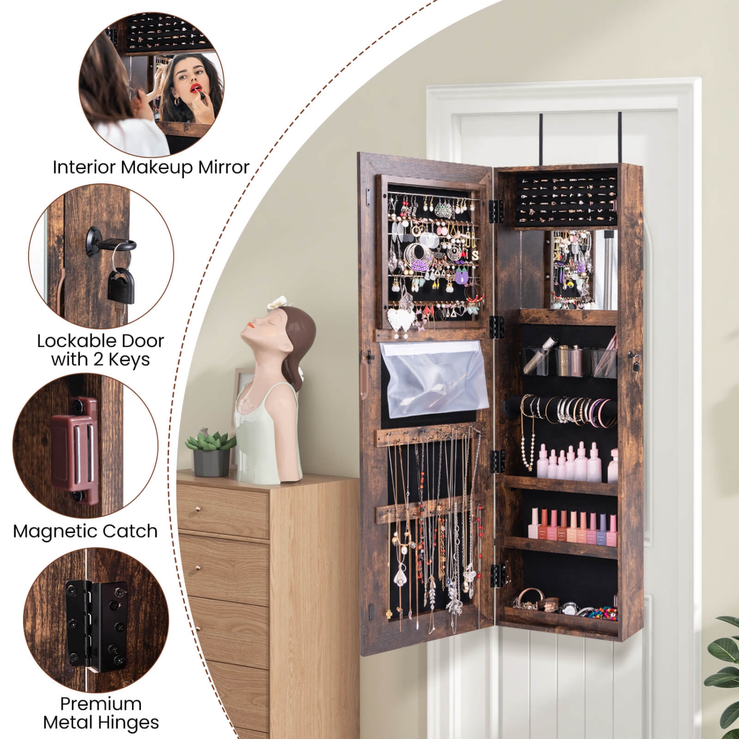 Meuble de rangement pour armoires à bijoux en miroir à écran tactile DEL de Costway pour porte