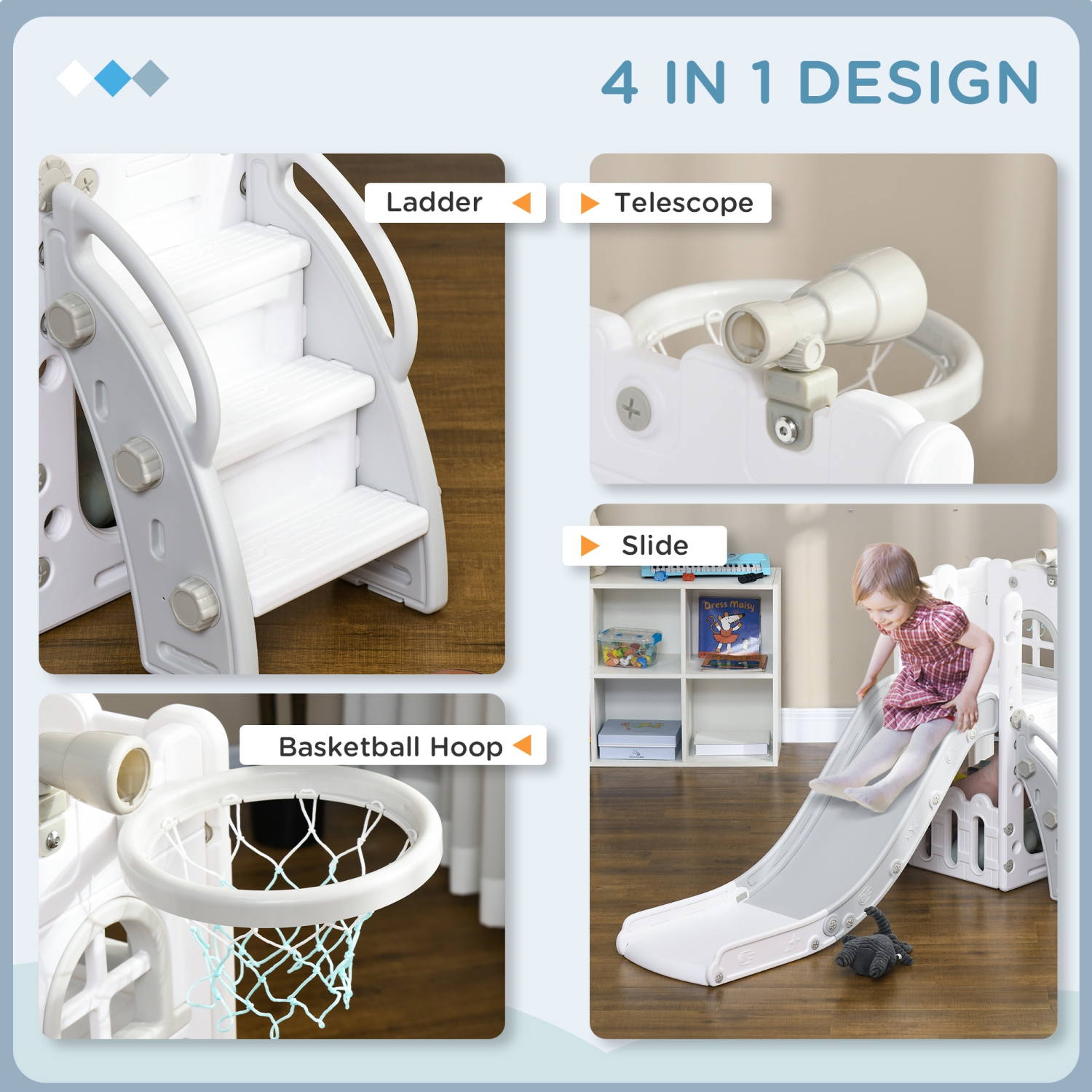 Glissade 5-en-1 de Qaba pour enfants de 1-3 à 7 ans avec panier de basketball, arbre d'escalade, télescope, panier de rangement, Pour l'intérieur Gris