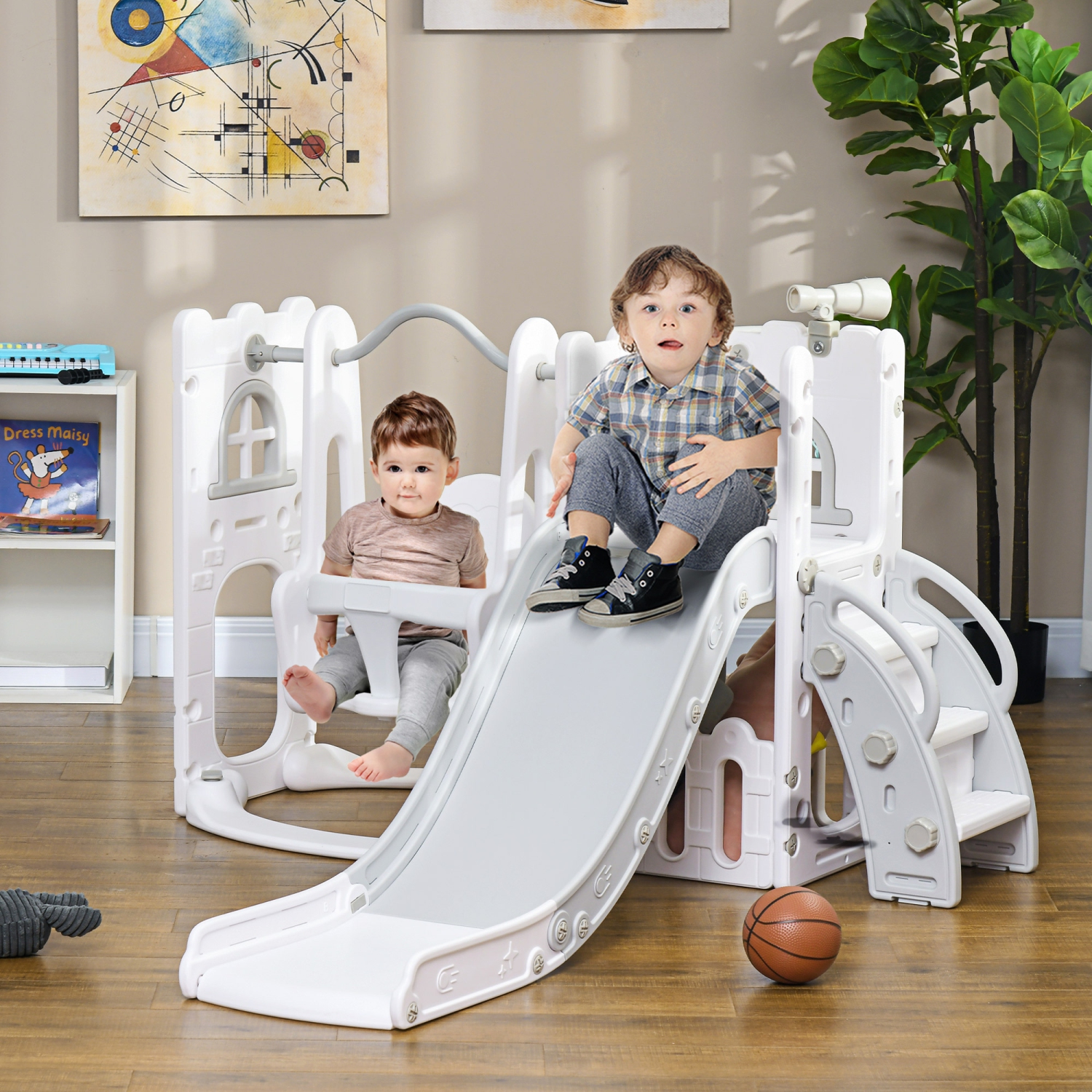 Ensemble de glissade et balançoire 6-en-1 Qaba avec panier de basketball, escalade, terrain de jeu intérieur Baby Swing Set avec espace de rangement,
