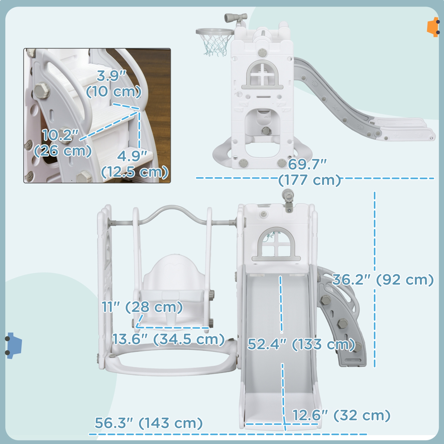 Ensemble de glissade et balançoire 6-en-1 Qaba avec panier de basketball, escalade, terrain de jeu intérieur Baby Swing Set avec espace de rangement,