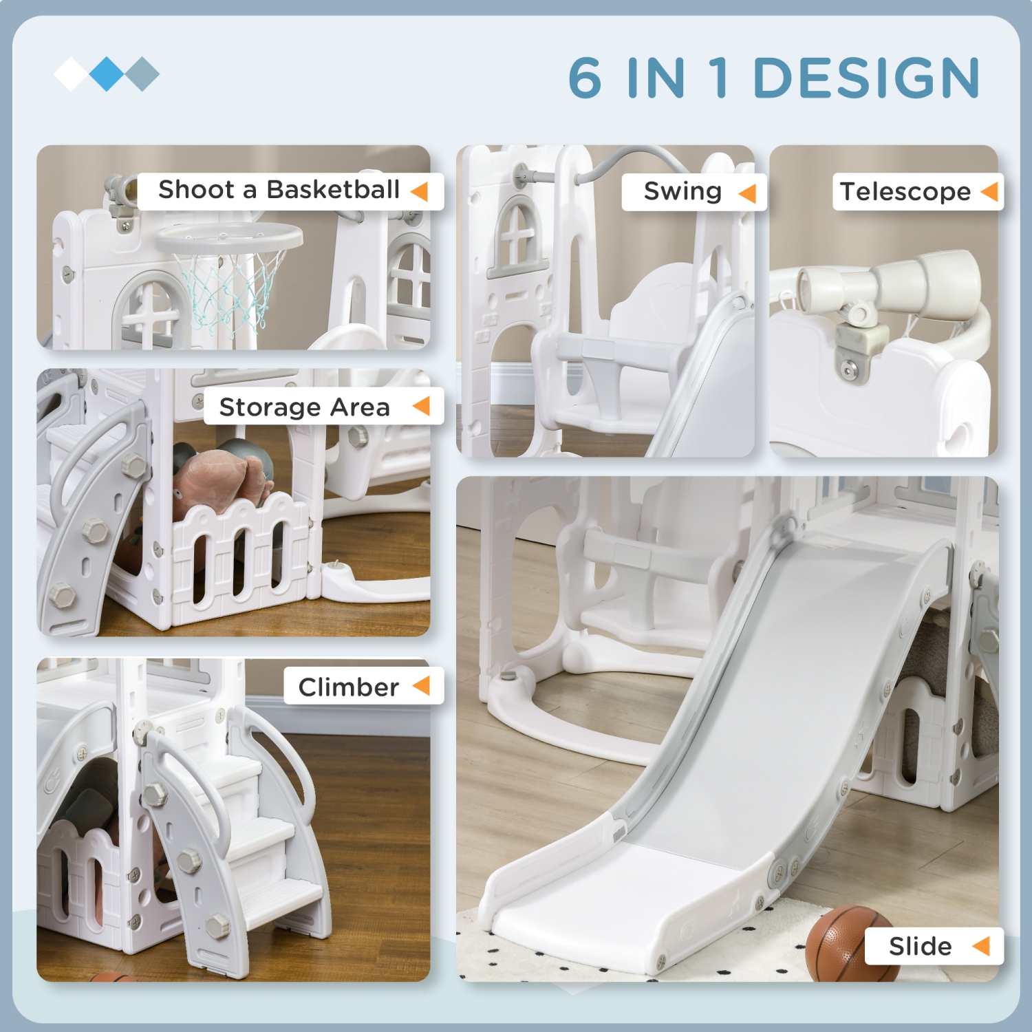 Ensemble de glissade et balançoire 6-en-1 Qaba avec panier de basketball, escalade, terrain de jeu intérieur Baby Swing Set avec espace de rangement,