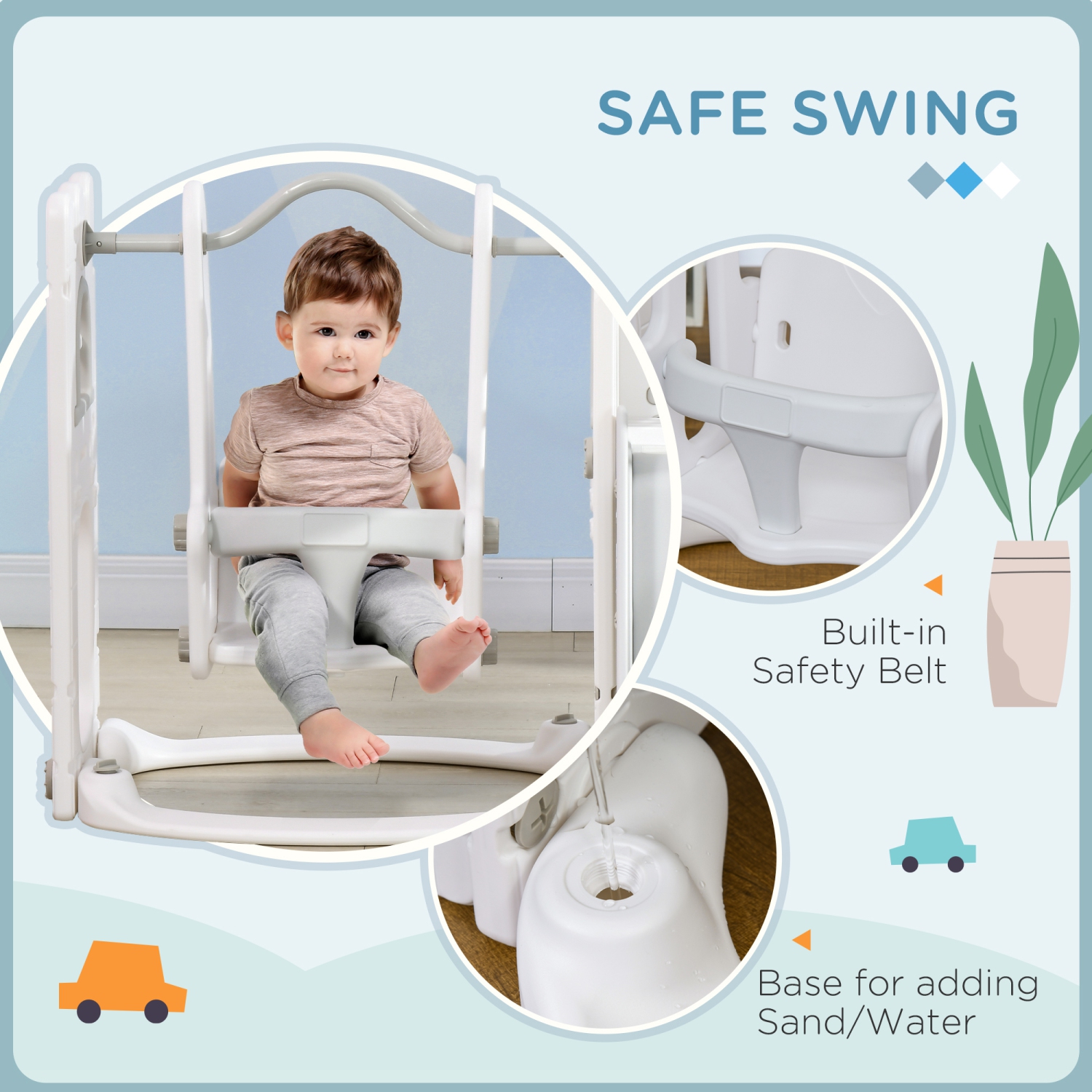 Ensemble de glissade et balançoire 6-en-1 Qaba avec panier de basketball, escalade, terrain de jeu intérieur Baby Swing Set avec espace de rangement,