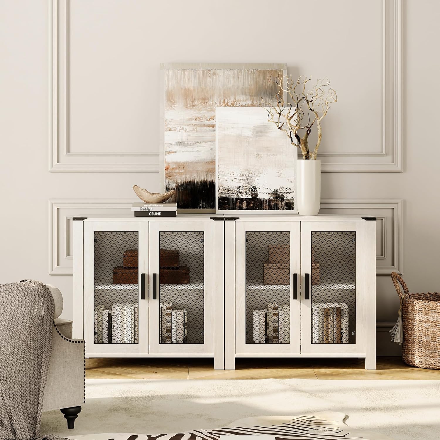 WAMAPT Sideboard Buffet Cabinets with 4-Mesh Door, Kitchen Storage Cabinets with Adjustable Shelf for Dining, Living and bed Room, Antique White
