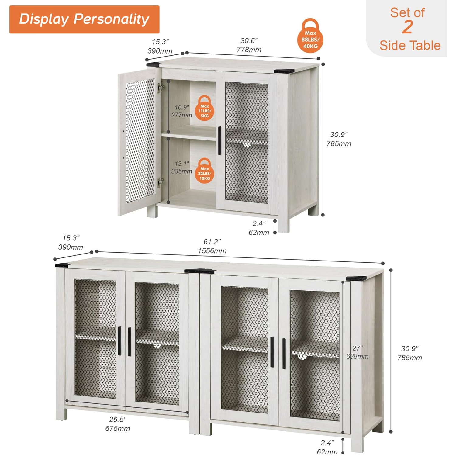 WAMAPT Sideboard Buffet Cabinets with 4-Mesh Door, Kitchen Storage Cabinets with Adjustable Shelf for Dining, Living and bed Room, Antique White