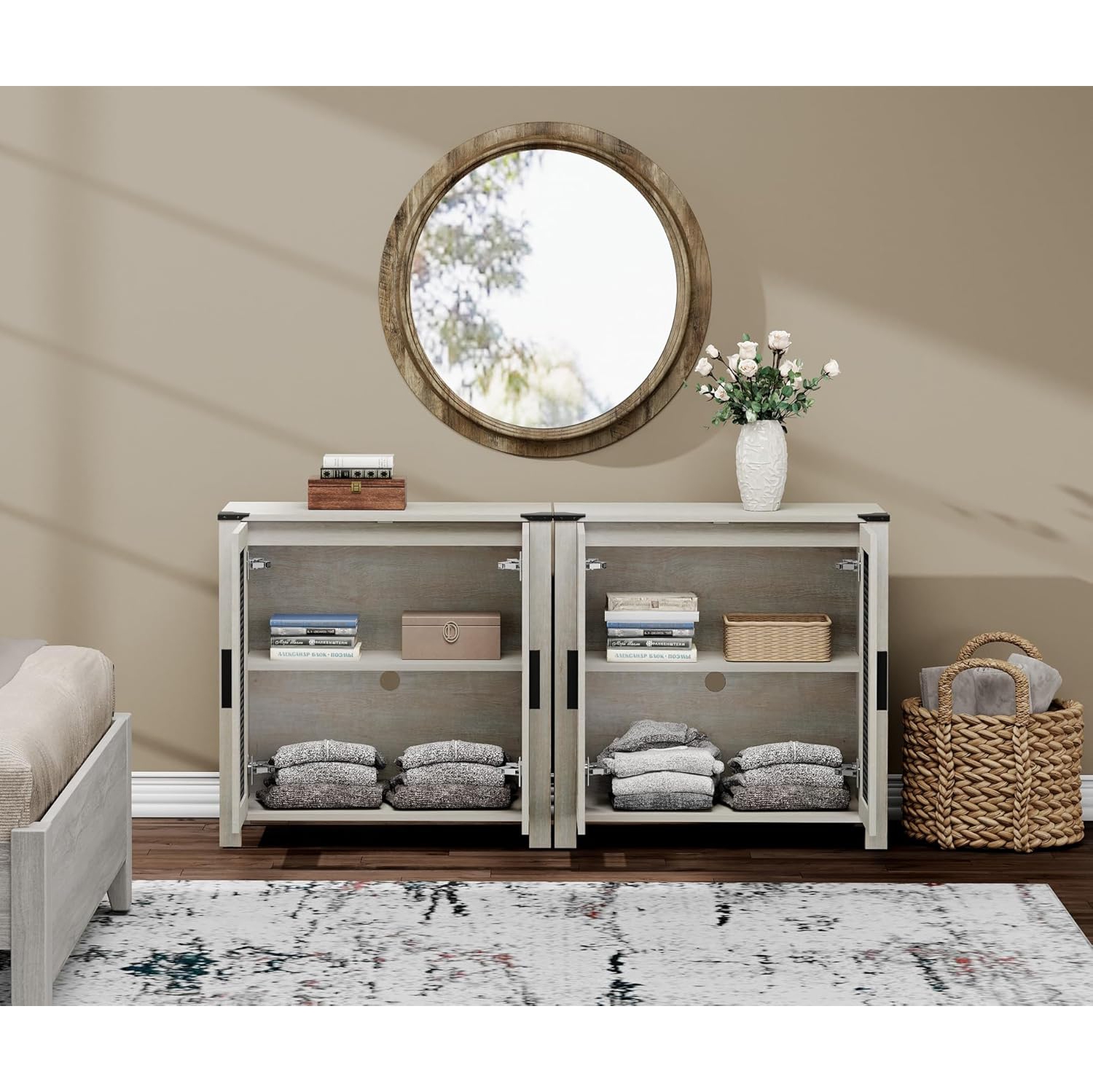 WAMAPT Sideboard Buffet Cabinets with 4-Mesh Door, Kitchen Storage Cabinets with Adjustable Shelf for Dining, Living and bed Room, Antique White