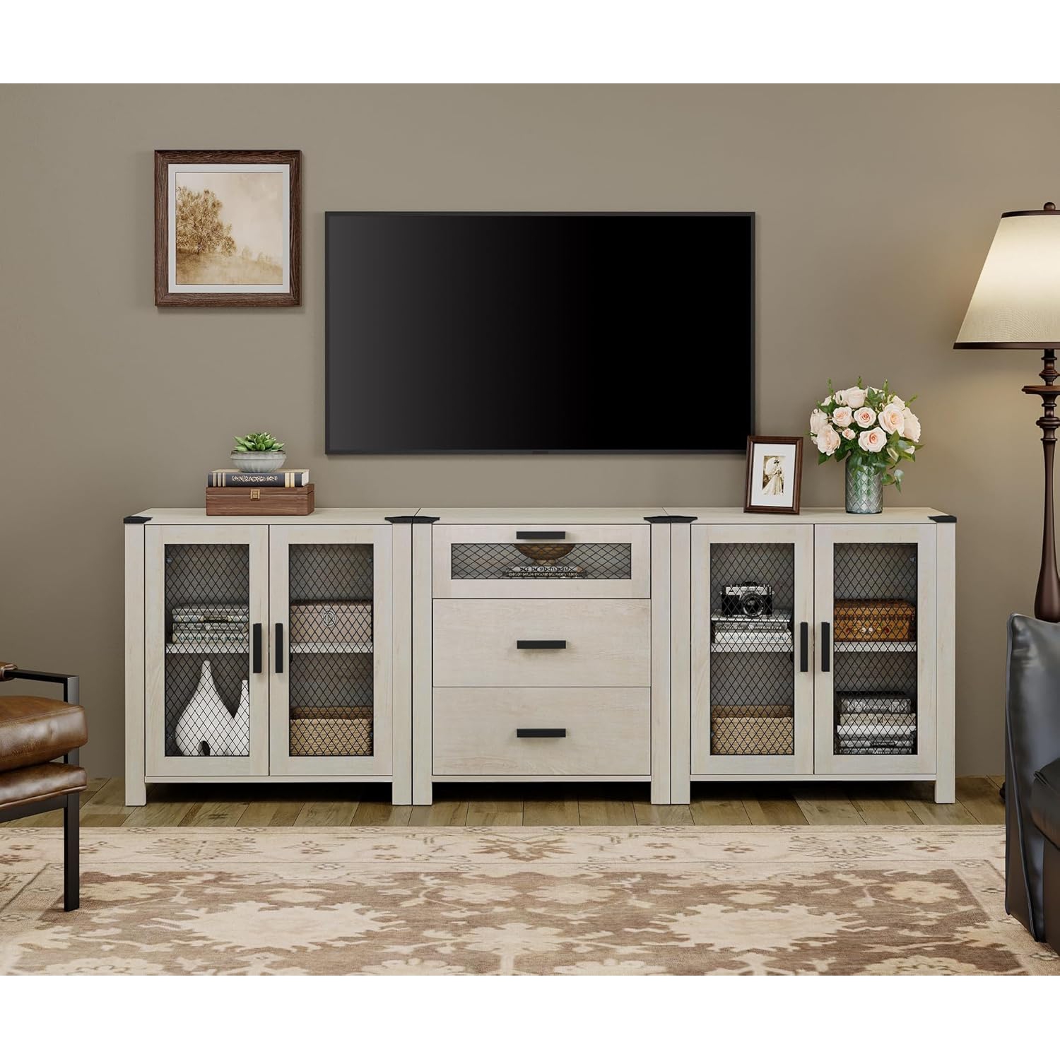 WAMPAT TV Stand Set with Drawers for ups to 85 inch TV, Media TV Console Table with 4 Mesh Door for Dining, Living and Bed Room, Antique White