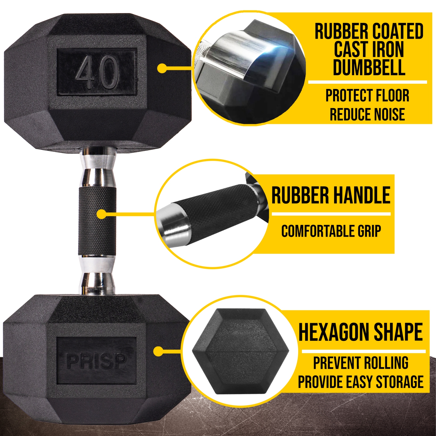 PRISP Rubber Encased Hex Dumbbell - Cast Iron Hand Weight for Home Gym, Exercise and Fitness with Rubber Grip; Sold Individually