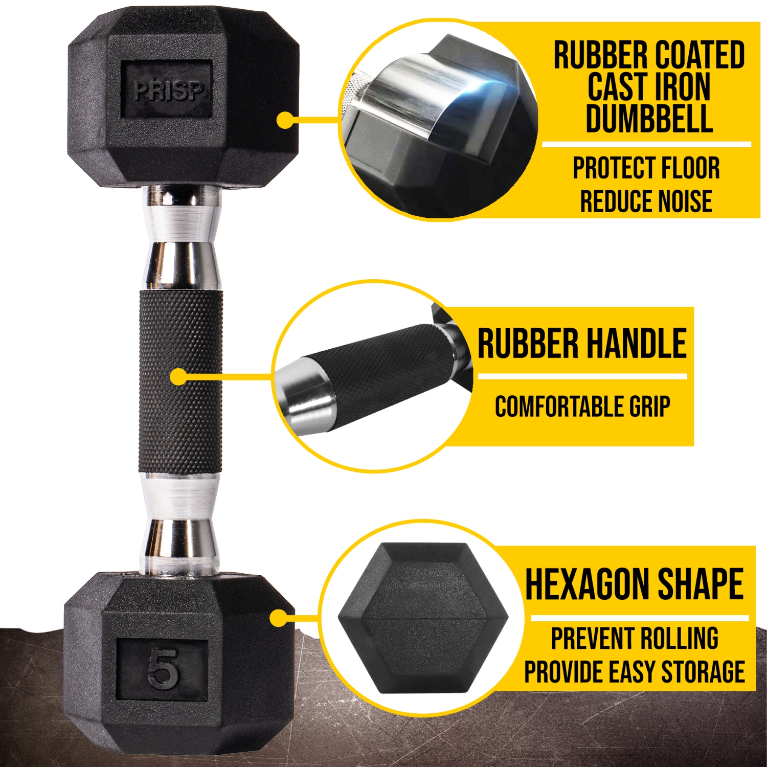 PRISP Rubber Encased Hex Dumbbell - Cast Iron Hand Weight for Home Gym, Exercise and Fitness with Rubber Grip; Sold Individually