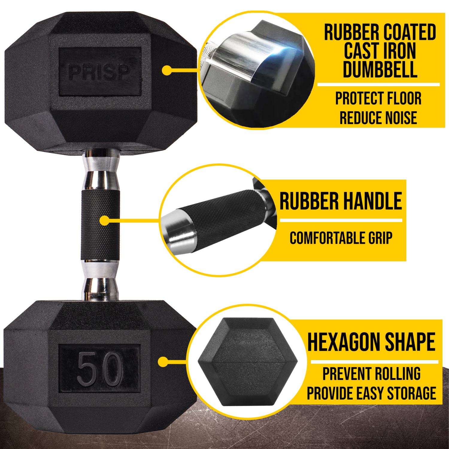 PRISP Rubber Encased Hex Dumbbell - Cast Iron Hand Weight for Home Gym, Exercise and Fitness with Rubber Grip; Sold Individually