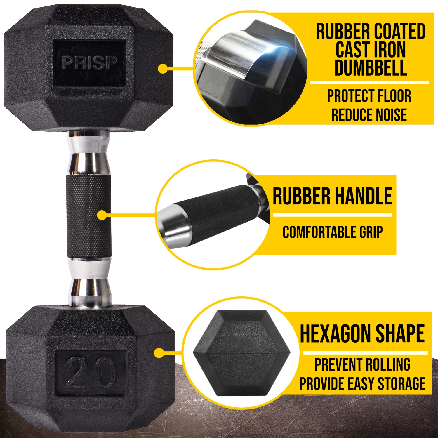 Haltères hexagonaux recouverts de caoutchouc PRISP - poids à main en fonte pour gym à domicile, exercice et mise en forme avec prise en caoutchouc;