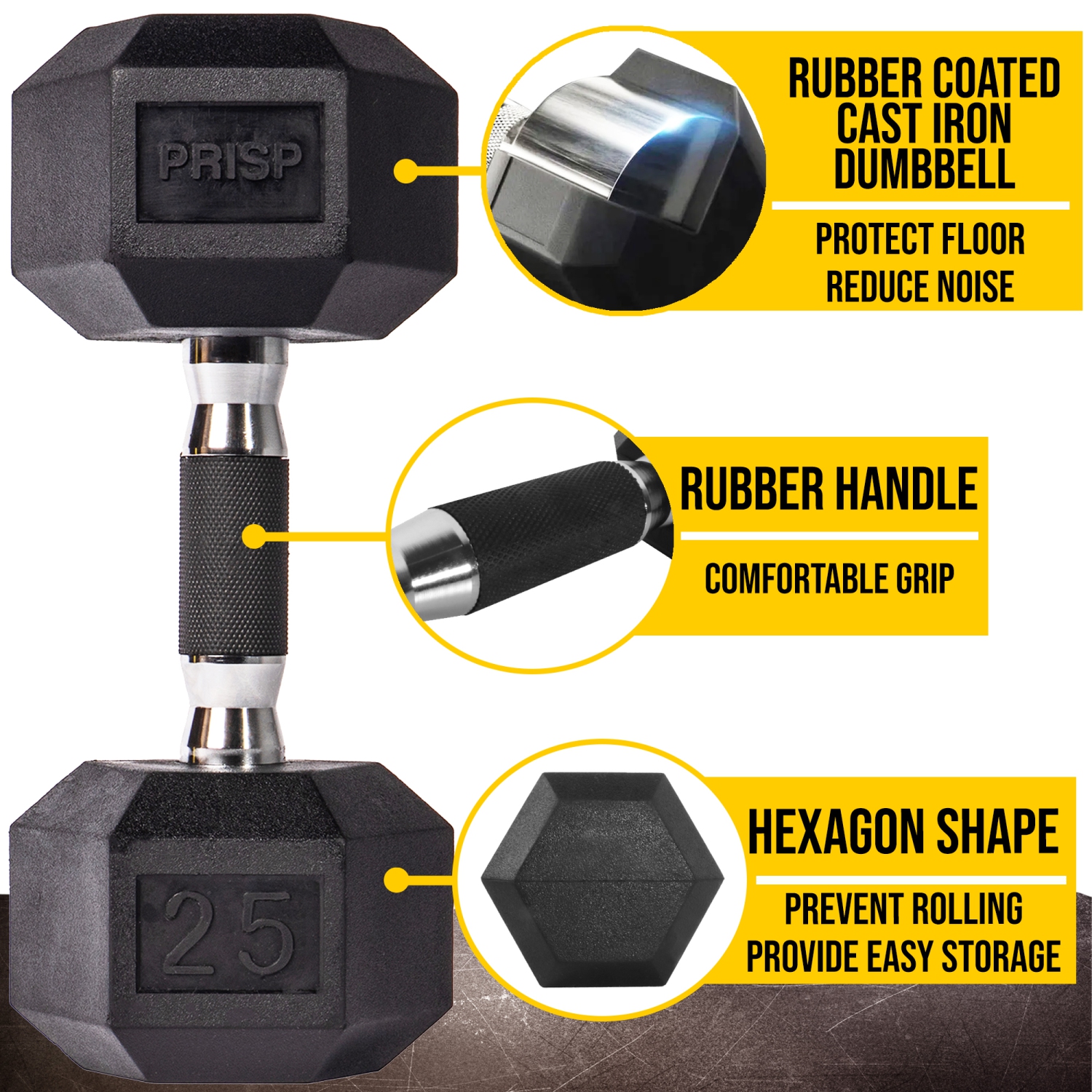 PRISP Rubber Encased Hex Dumbbell - Cast Iron Hand Weight for Home Gym, Exercise and Fitness with Rubber Grip; Sold Individually