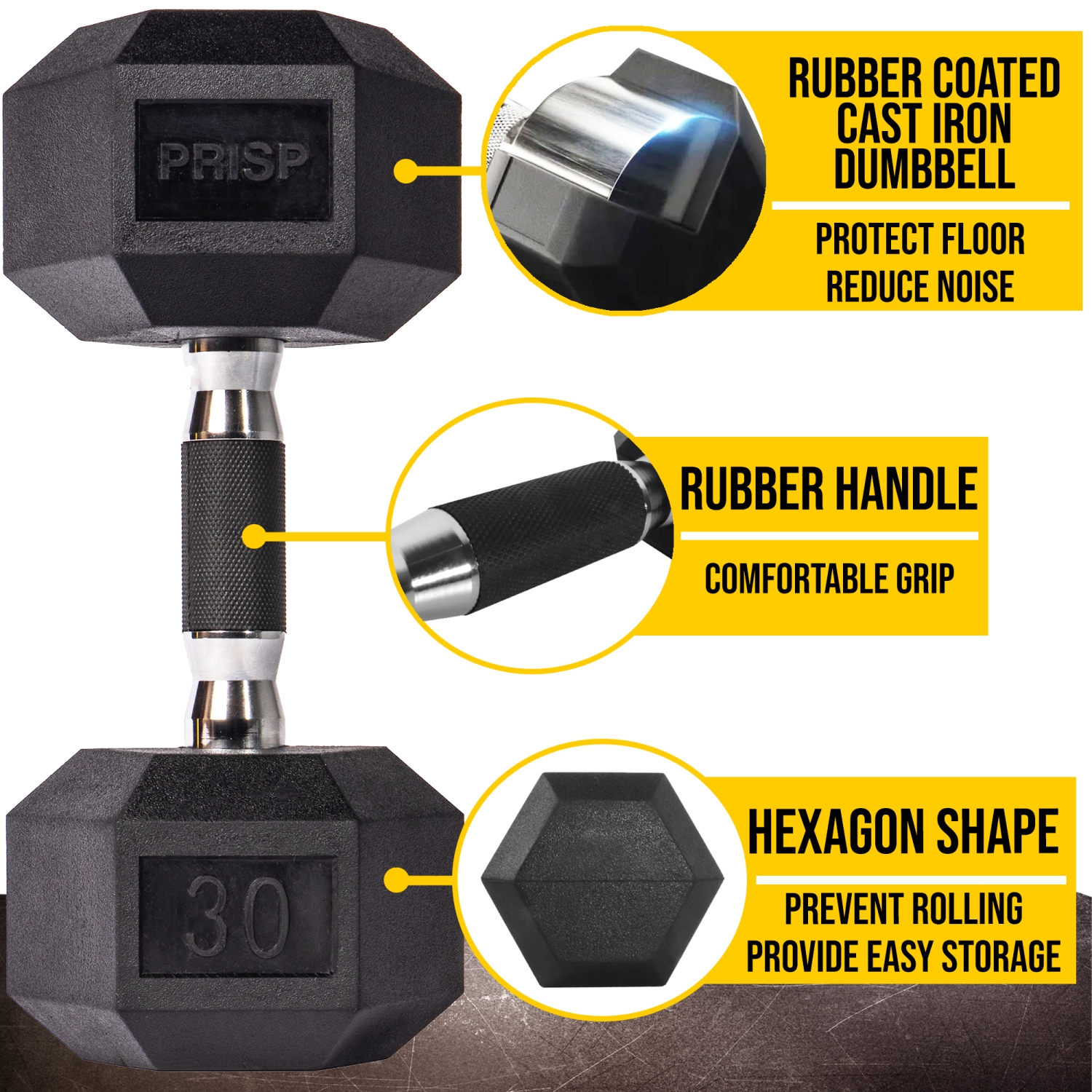 PRISP Rubber Encased Hex Dumbbell - Cast Iron Hand Weight for Home Gym, Exercise and Fitness with Rubber Grip; Sold Individually
