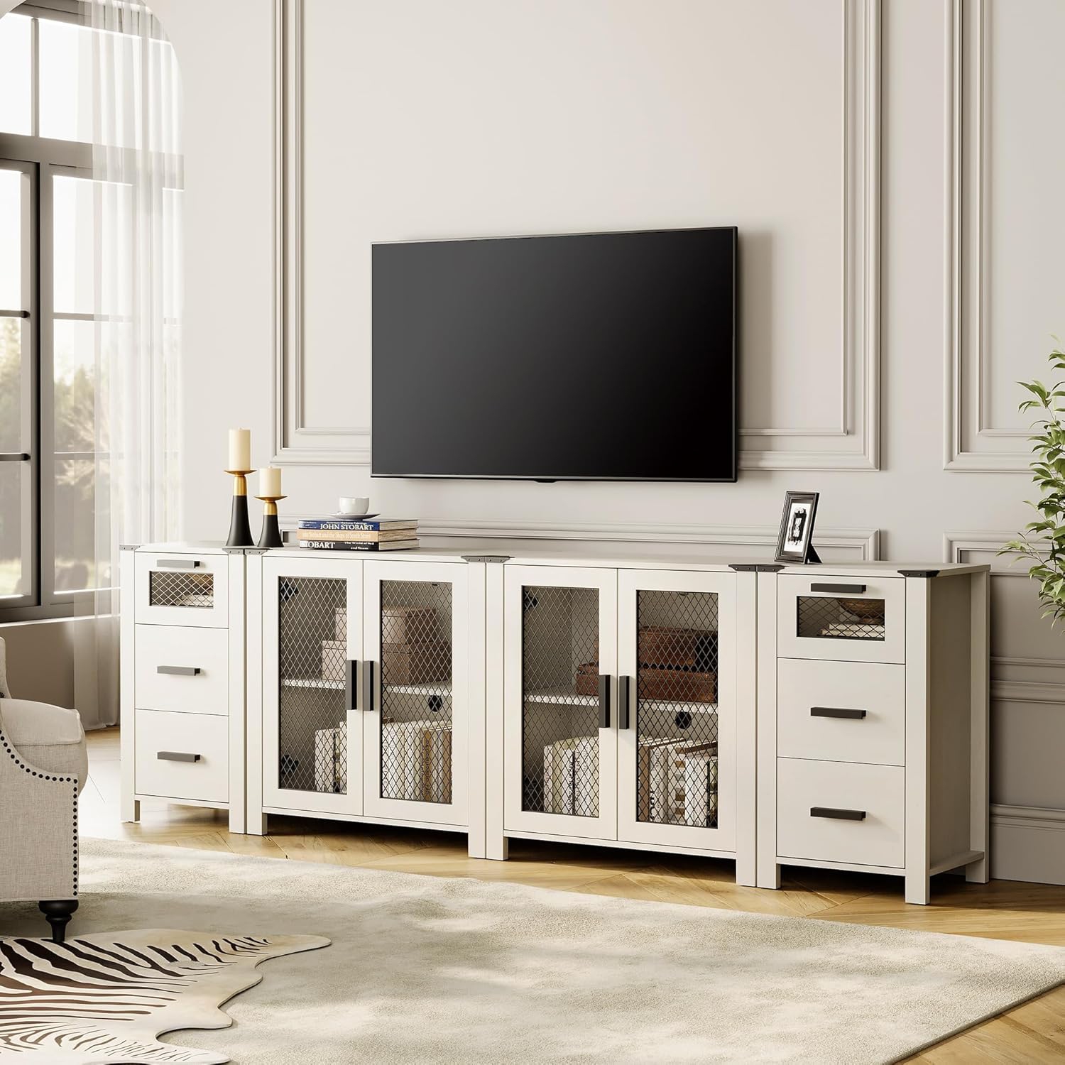 WAMPAT TV Stand Set for ups to 100 inch TV,6 Drawers Storage Cabinets with Adjustable Shelf, Media TV Console Table with 4 Mesh Door for Dining,