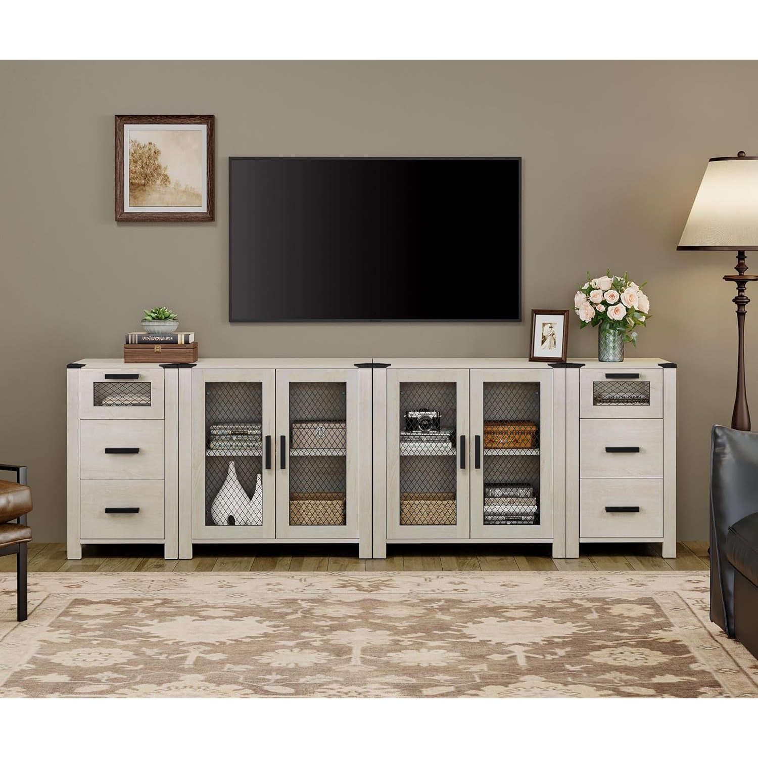 WAMPAT TV Stand Set for ups to 100 inch TV,6 Drawers Storage Cabinets with Adjustable Shelf, Media TV Console Table with 4 Mesh Door for Dining,