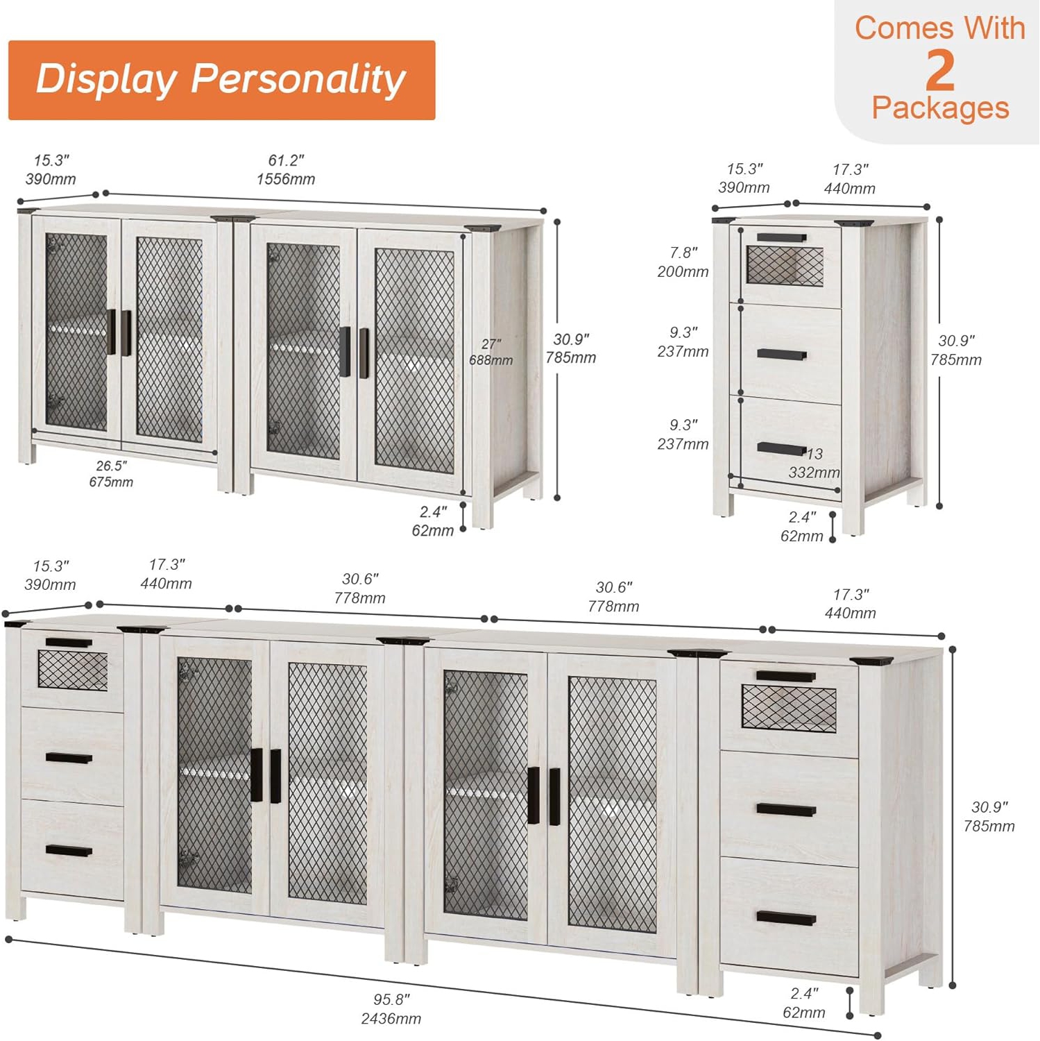 WAMPAT TV Stand Set for ups to 100 inch TV,6 Drawers Storage Cabinets with Adjustable Shelf, Media TV Console Table with 4 Mesh Door for Dining,